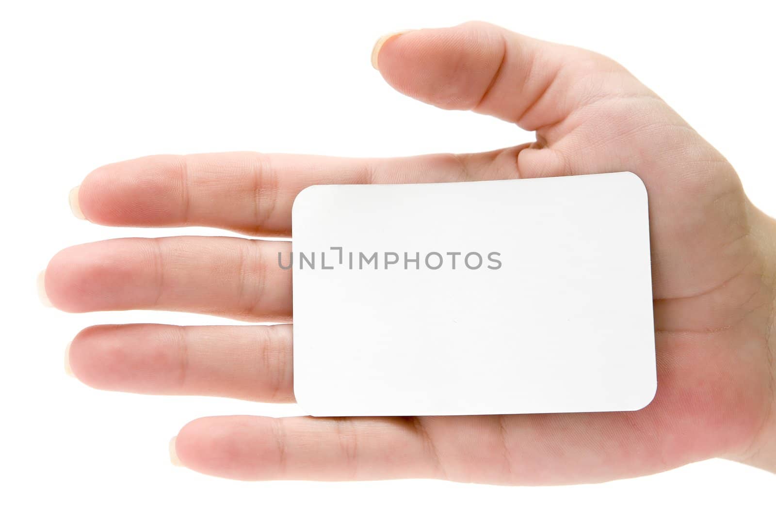 Blank business card attached to a hand. Isolated on a white background.
