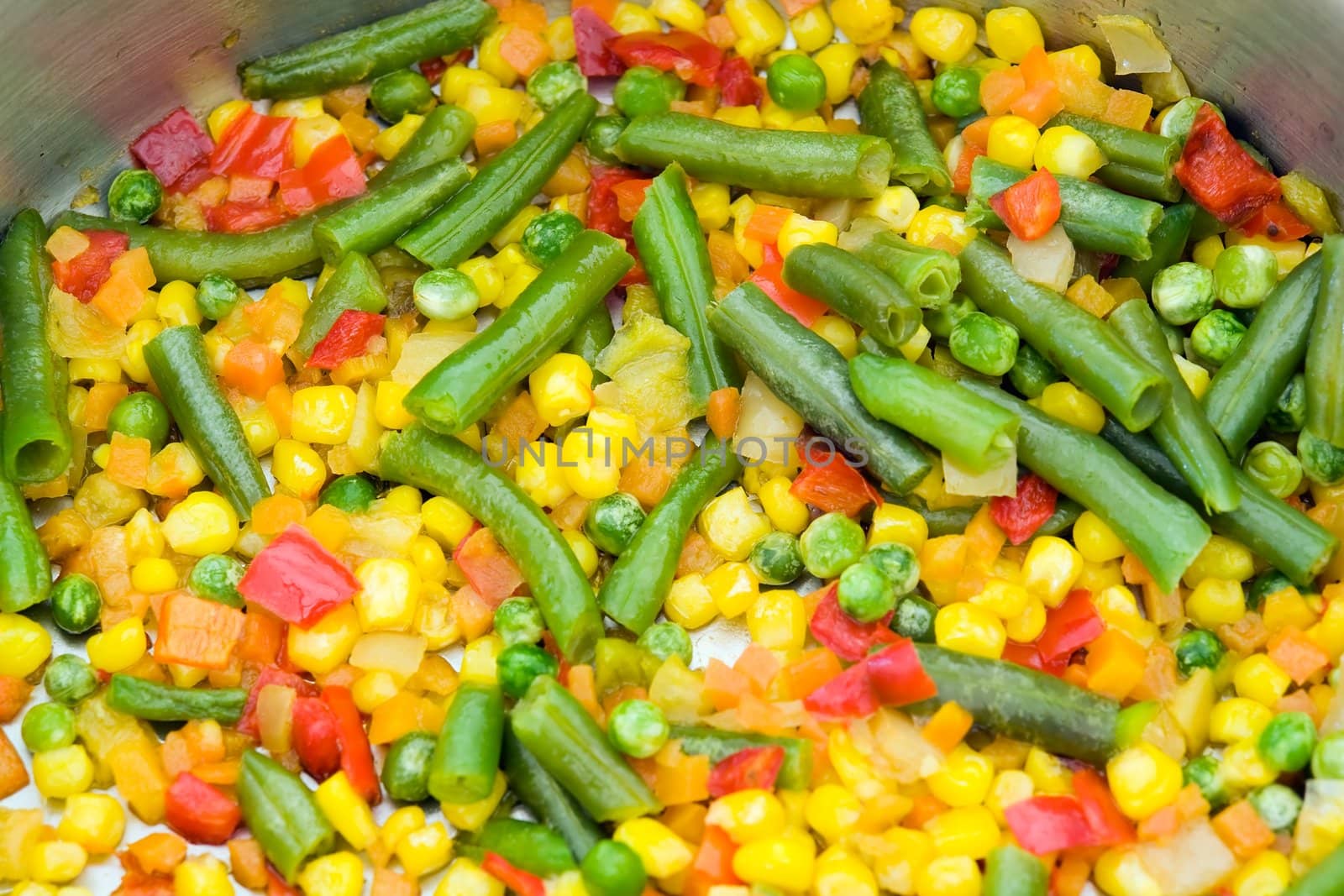 Fried vegetables in a frying pan close up