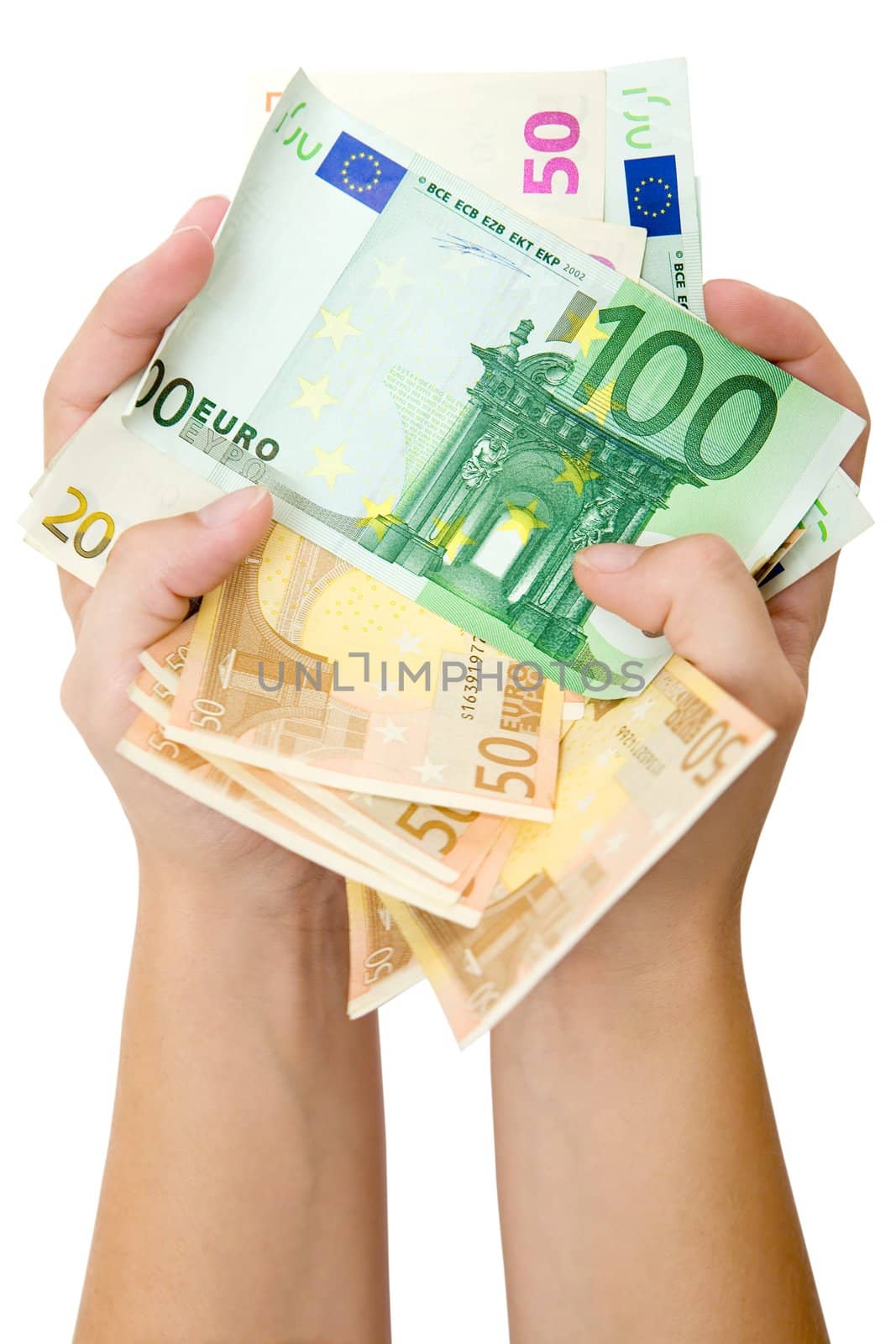 Holding a bunch of various Euro banknotes. Isolated on a white background.