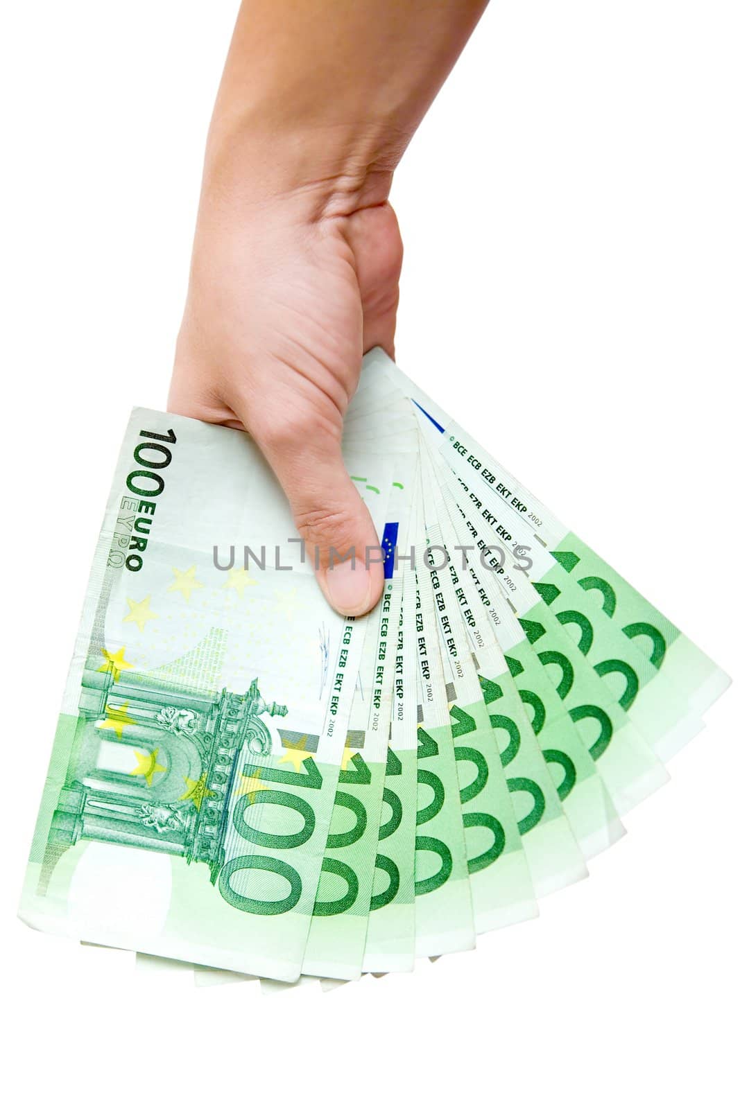 Hand holding a bunch of Euro banknotes. Isolated on a white background.