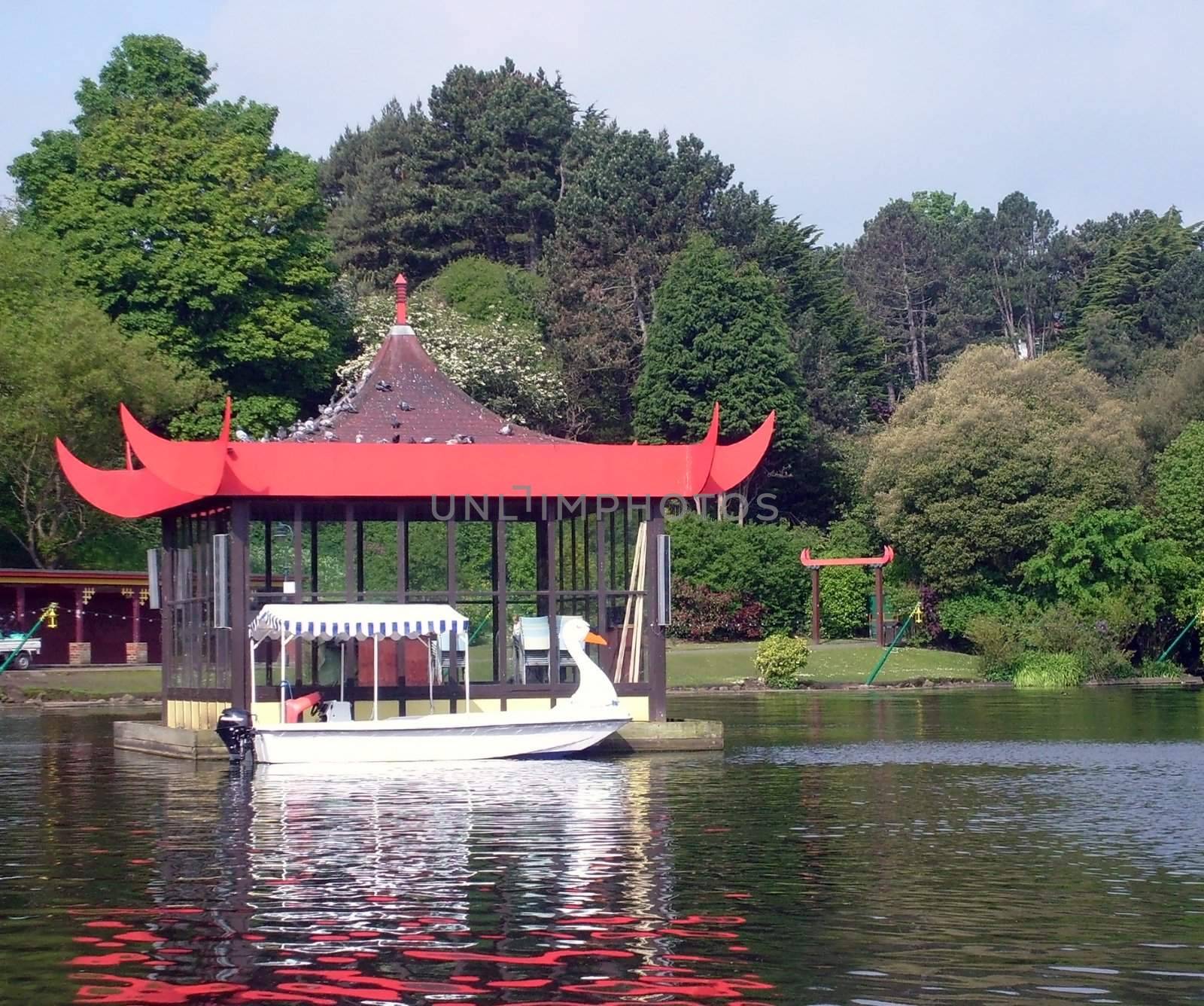 Bandstand on boating lake in Peasholm Park, Scarborough, England.