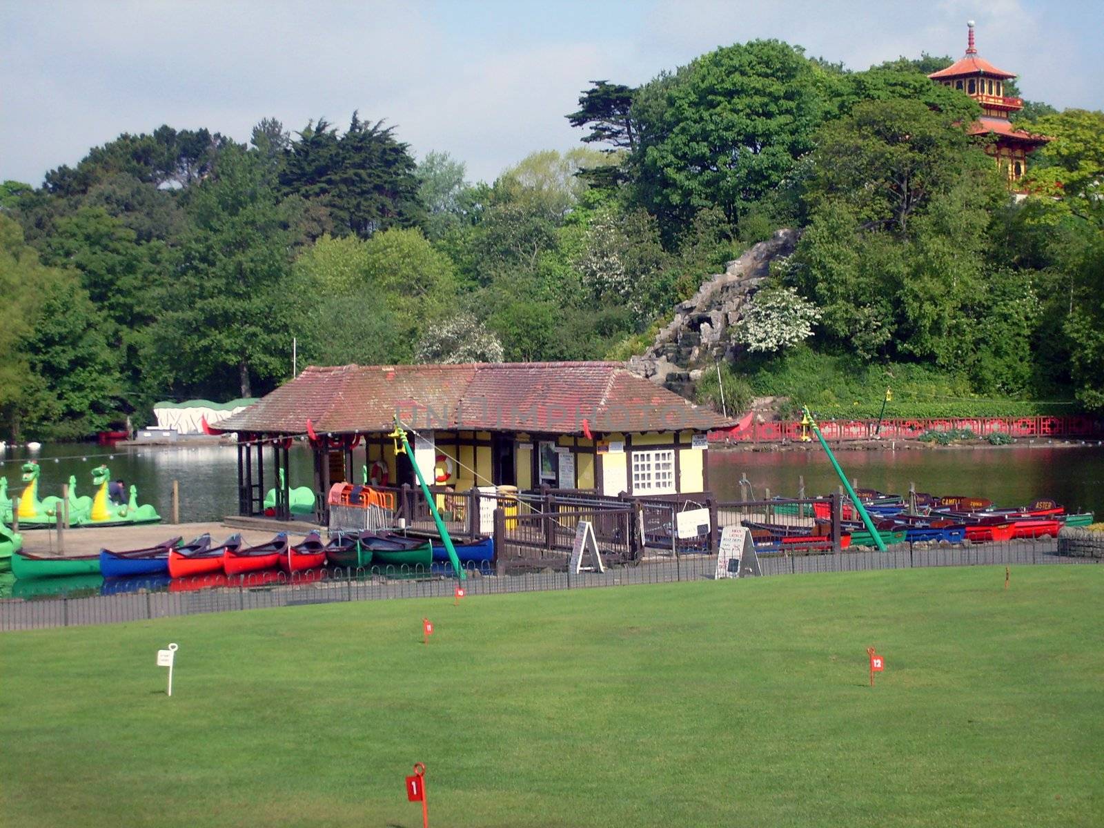 Boat house on boating lake in Peasholm Park, Scarborough, England.