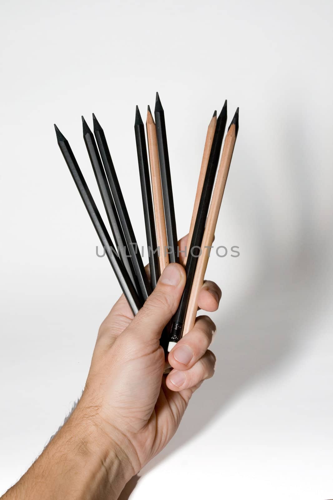 Pencils in a hand on a white background