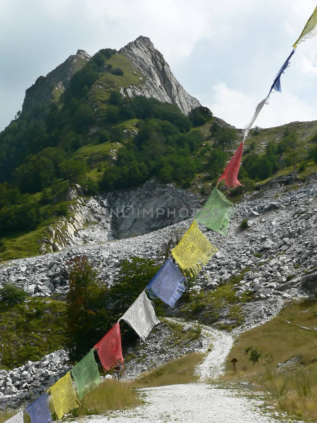 four tibetan flags and mountain