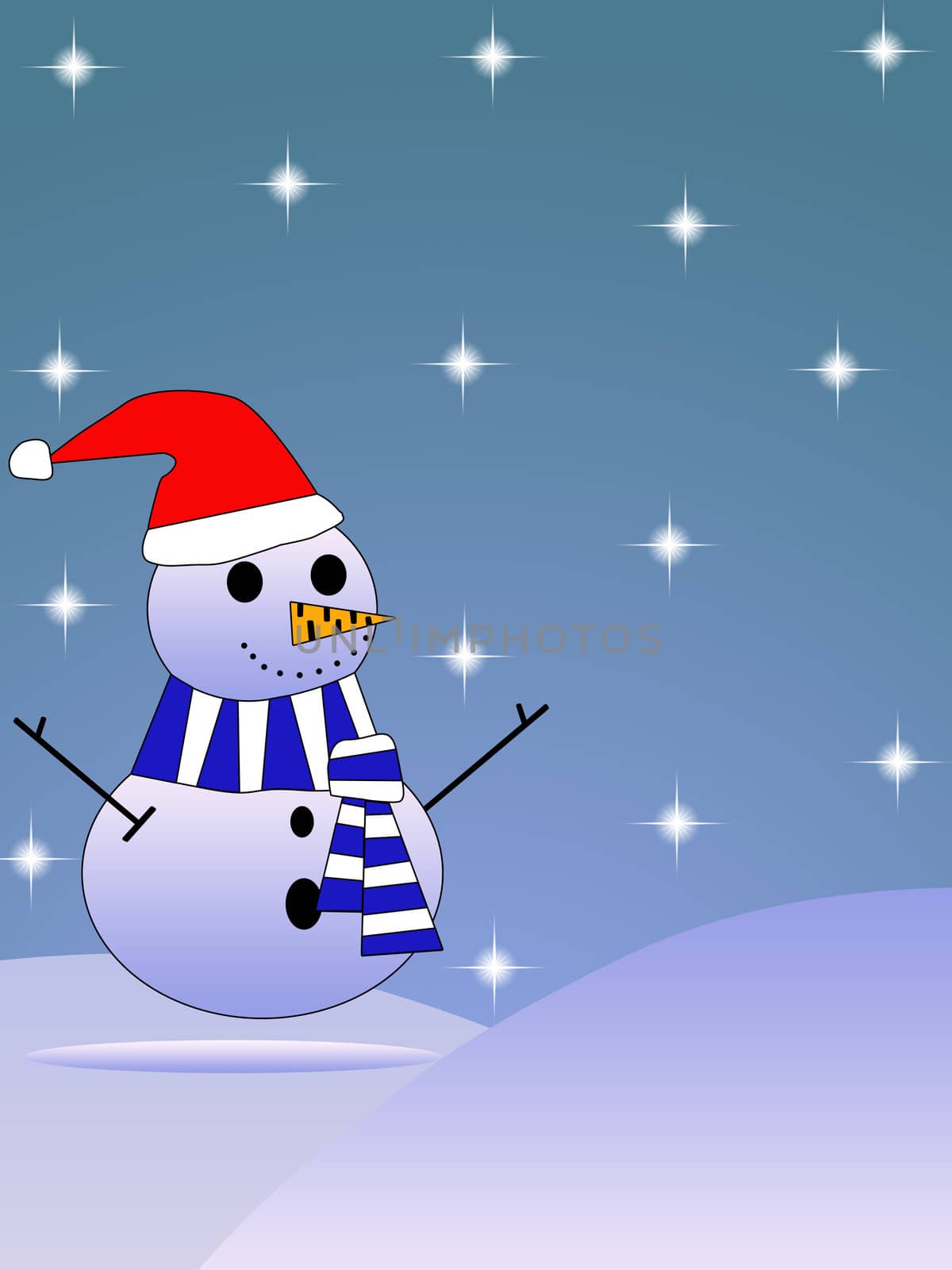 Large snowman dressed in hat and scarf with falling snow