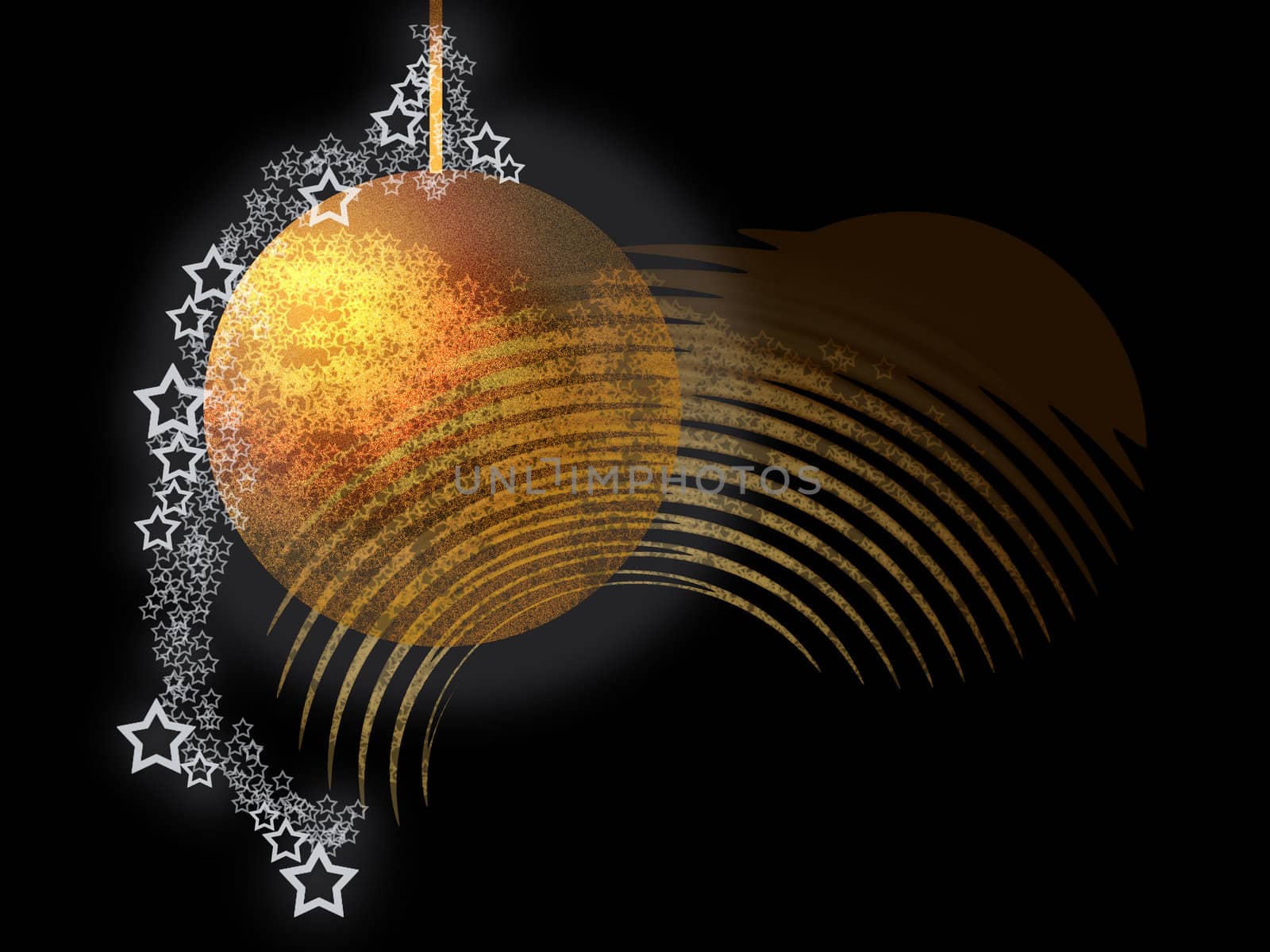 Abstract Elegant Theme with Bright Golden Ball, Lacy Starrs over Black Background