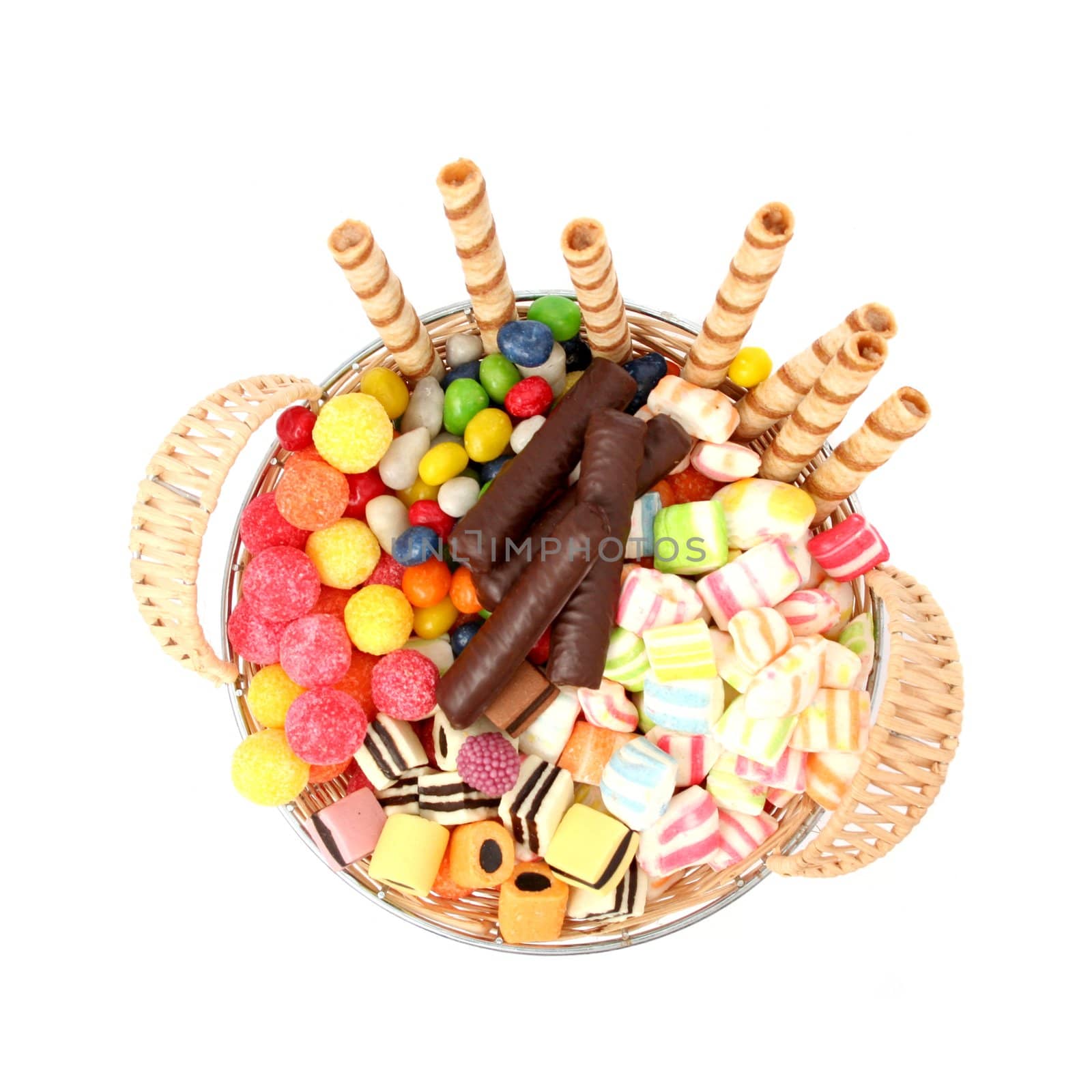 Basket with various sweets and the cookies, isolated, (look similar images in my portfolio)