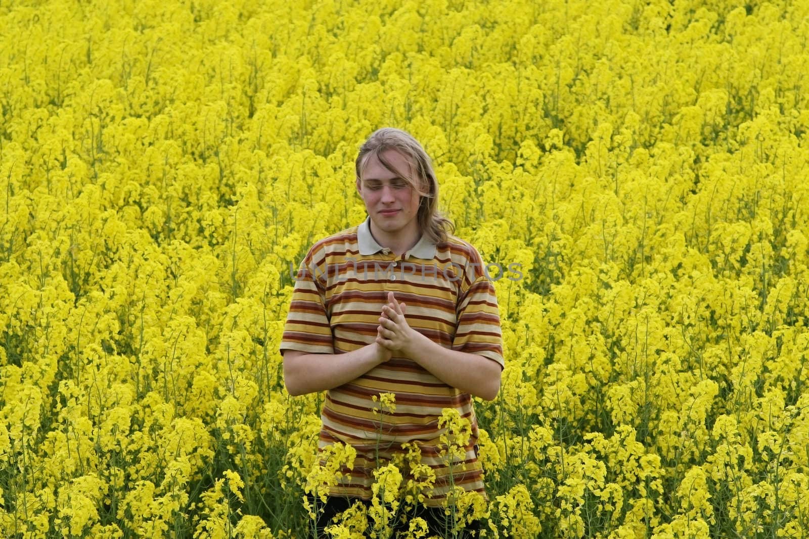 Happy young man in the yellow flower meadow.