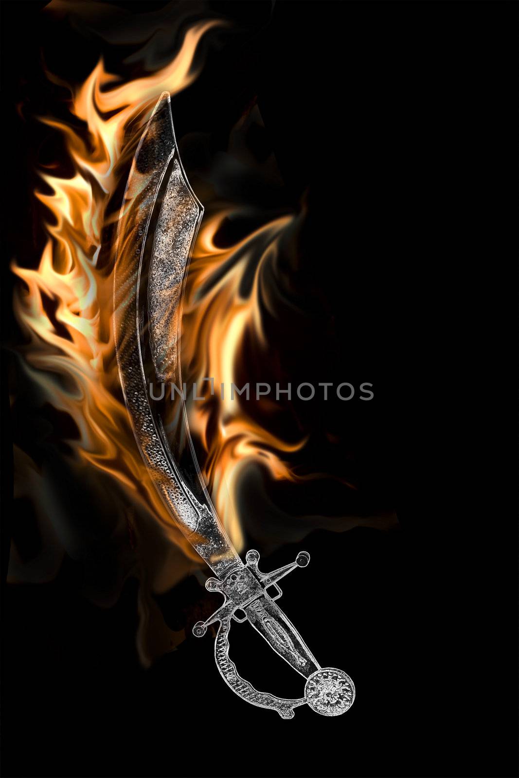 Flaming Pirate Cutlass Sword Isolated on a Black Background.