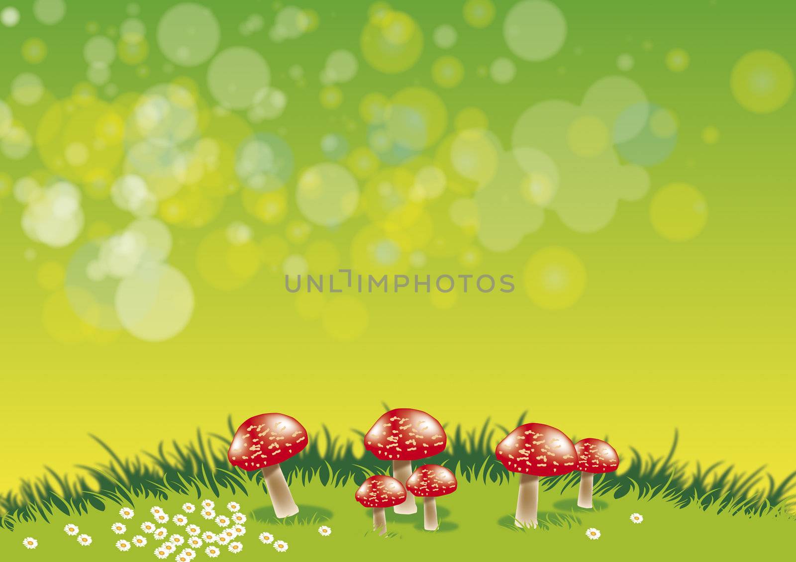 An illustration of a group of red toadstools set on a grassy ridge with daisys set against a green background.