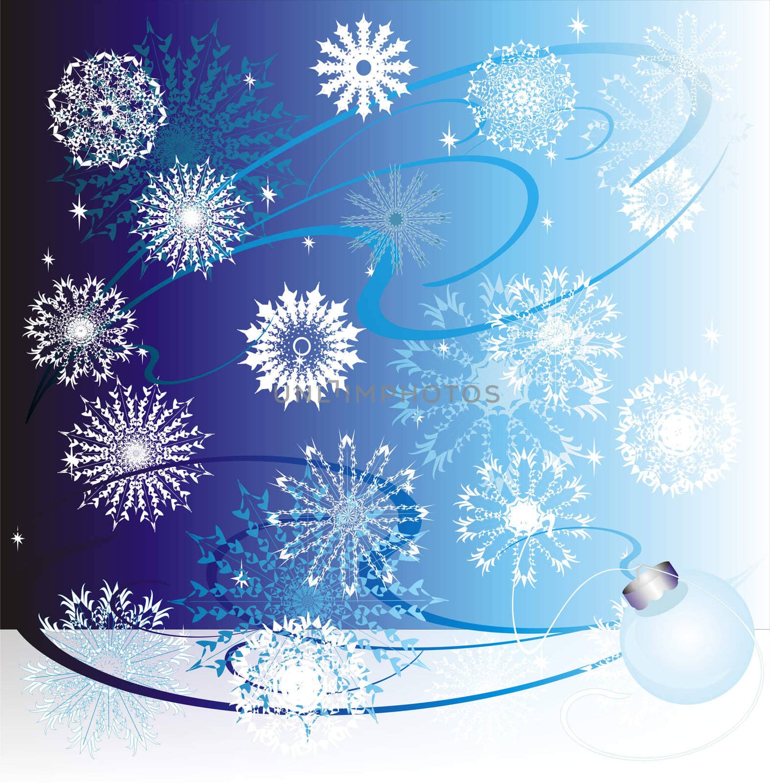 New Year's or Christmas card with a ball and snowflakes
