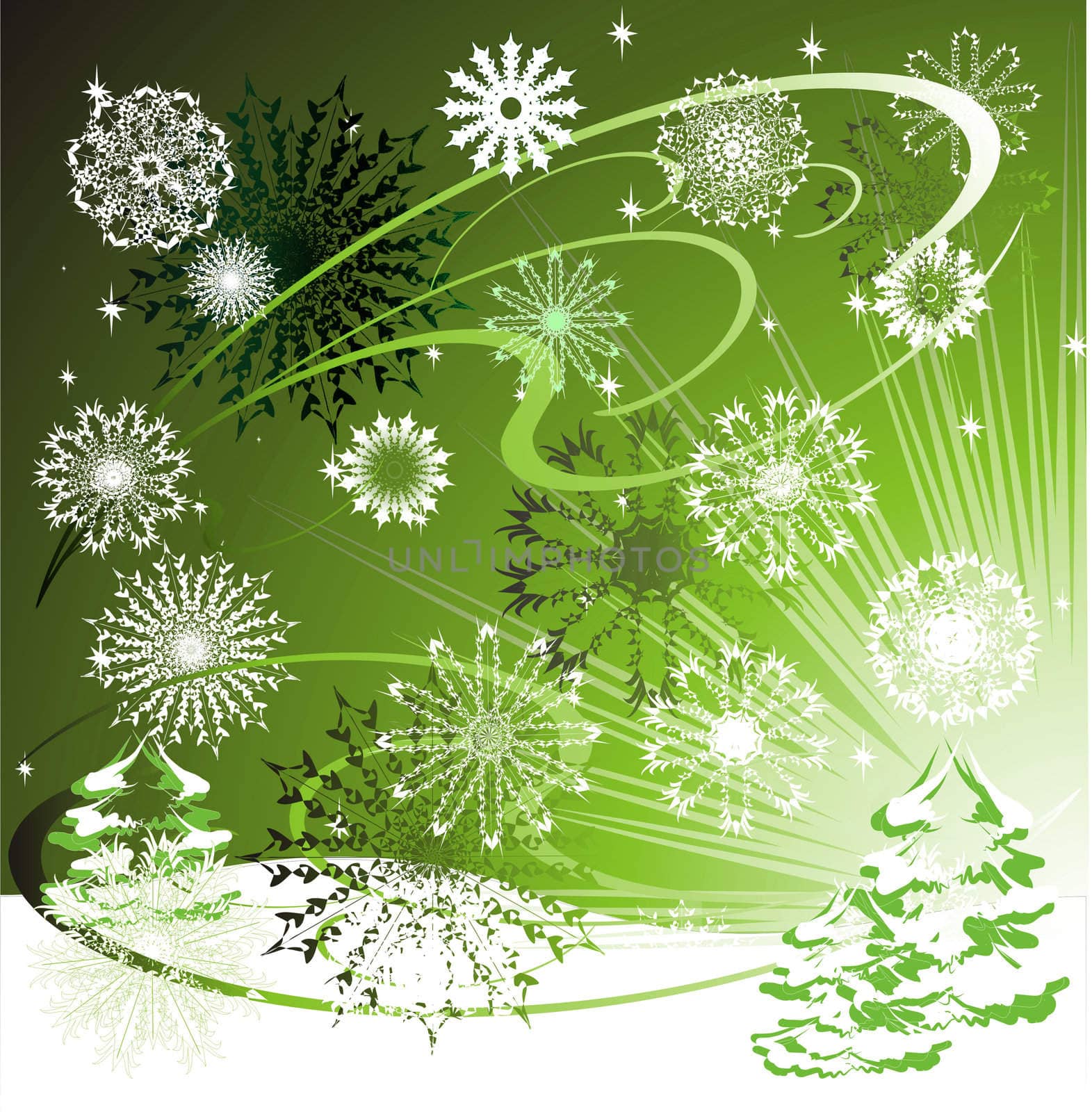 New Year's or Christmas card with a Christmas tree and snowflakes