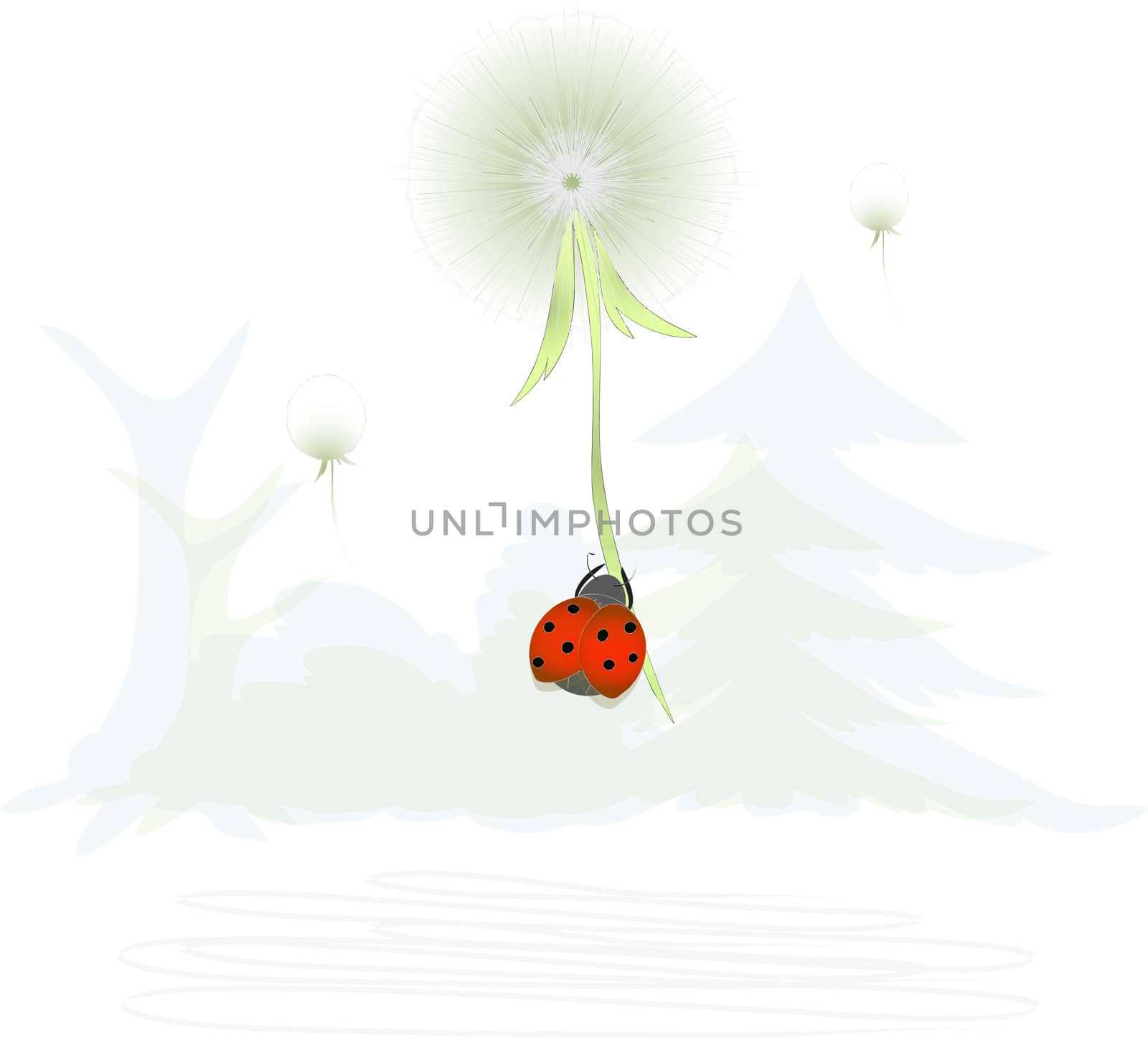 travel ladybug on a flying fluffy flower