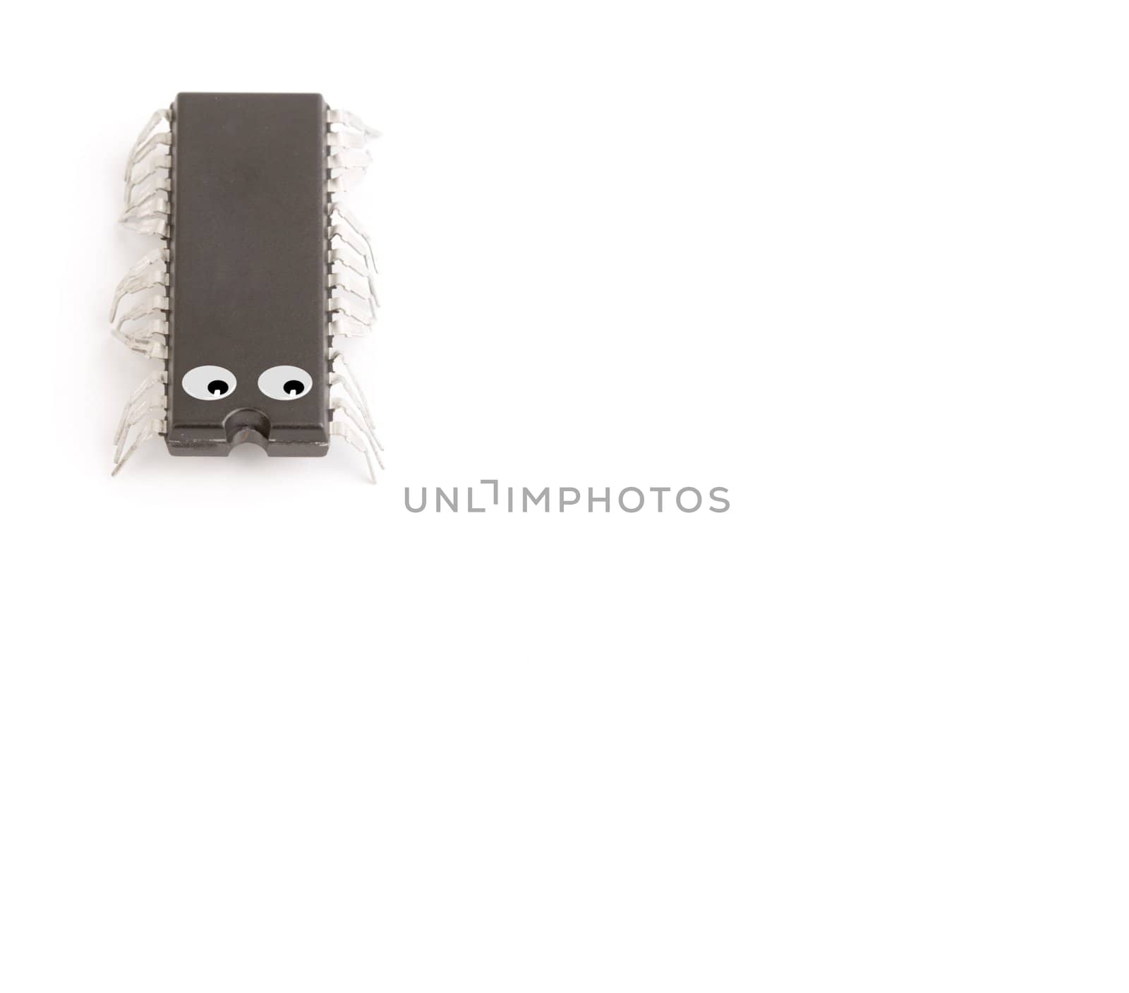 technology isolated computer electronic chip on white background with its pins as legs of a live worm