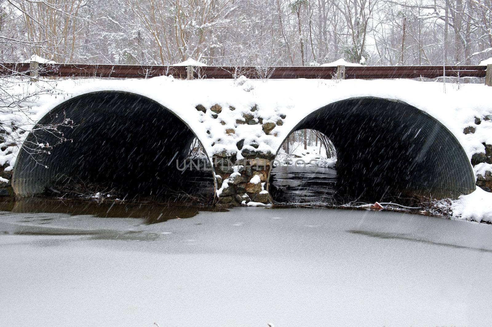 Snow covered storm water drainage tunnel in Richmond, Virginia during the winter storm in December 2009.