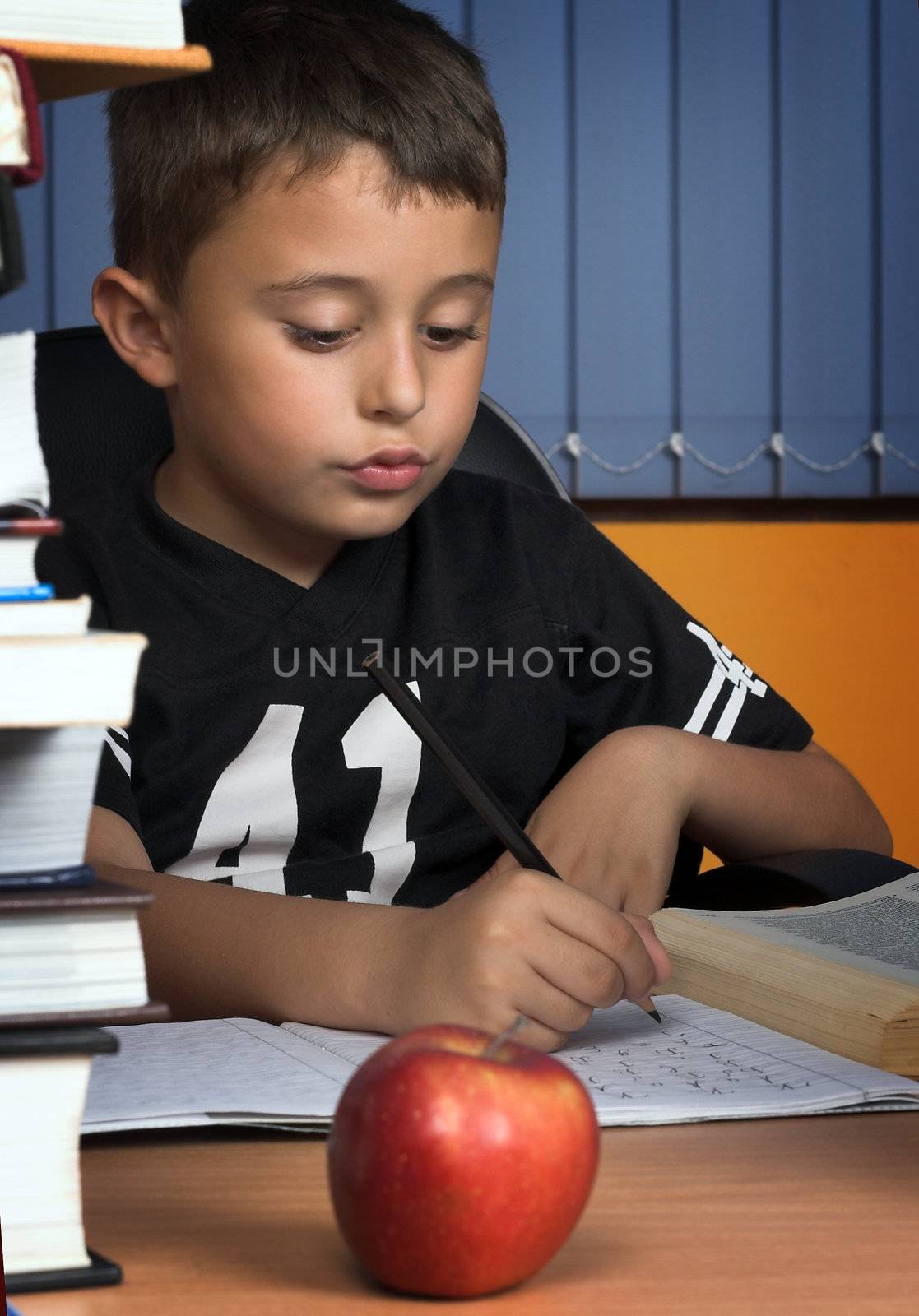 A young schoolboy write his  homework
