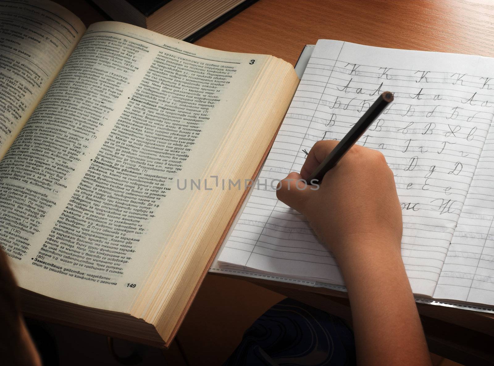 A young schoolboy write his homework