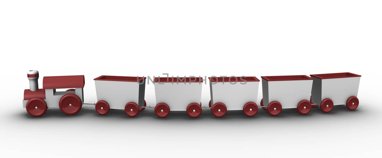 Toy train with 5 carriages; 3D rendered illustration. 
