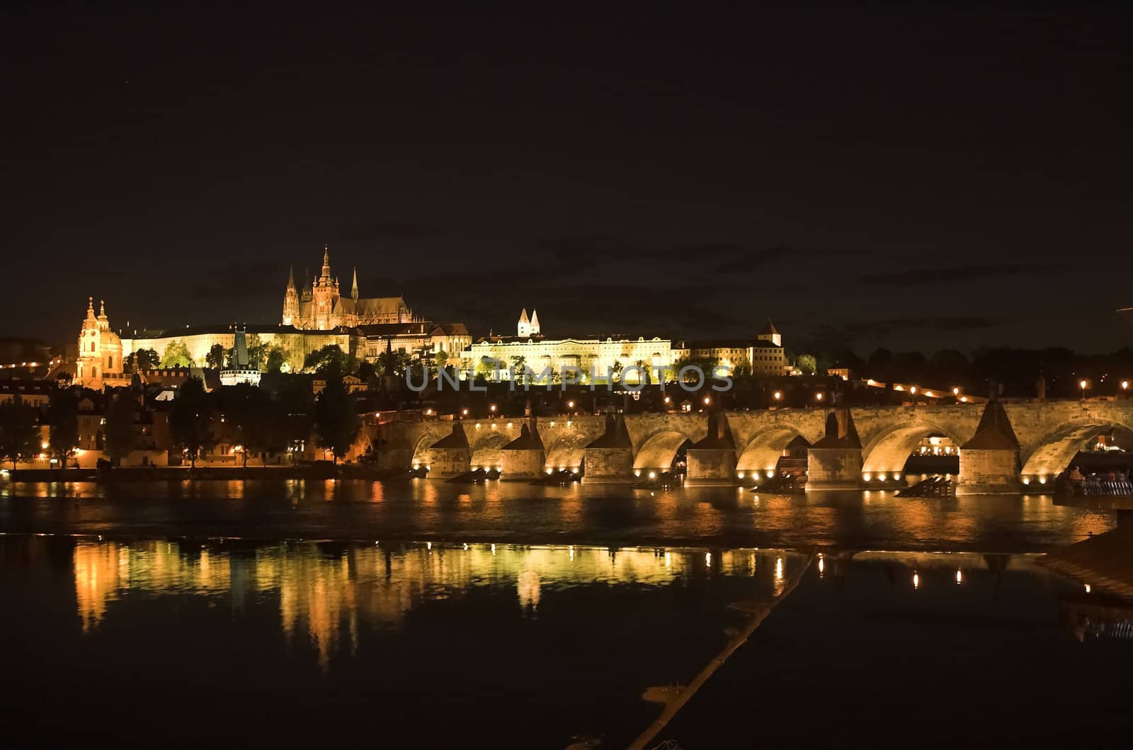Night view of Charles Brigde and Prague Castle