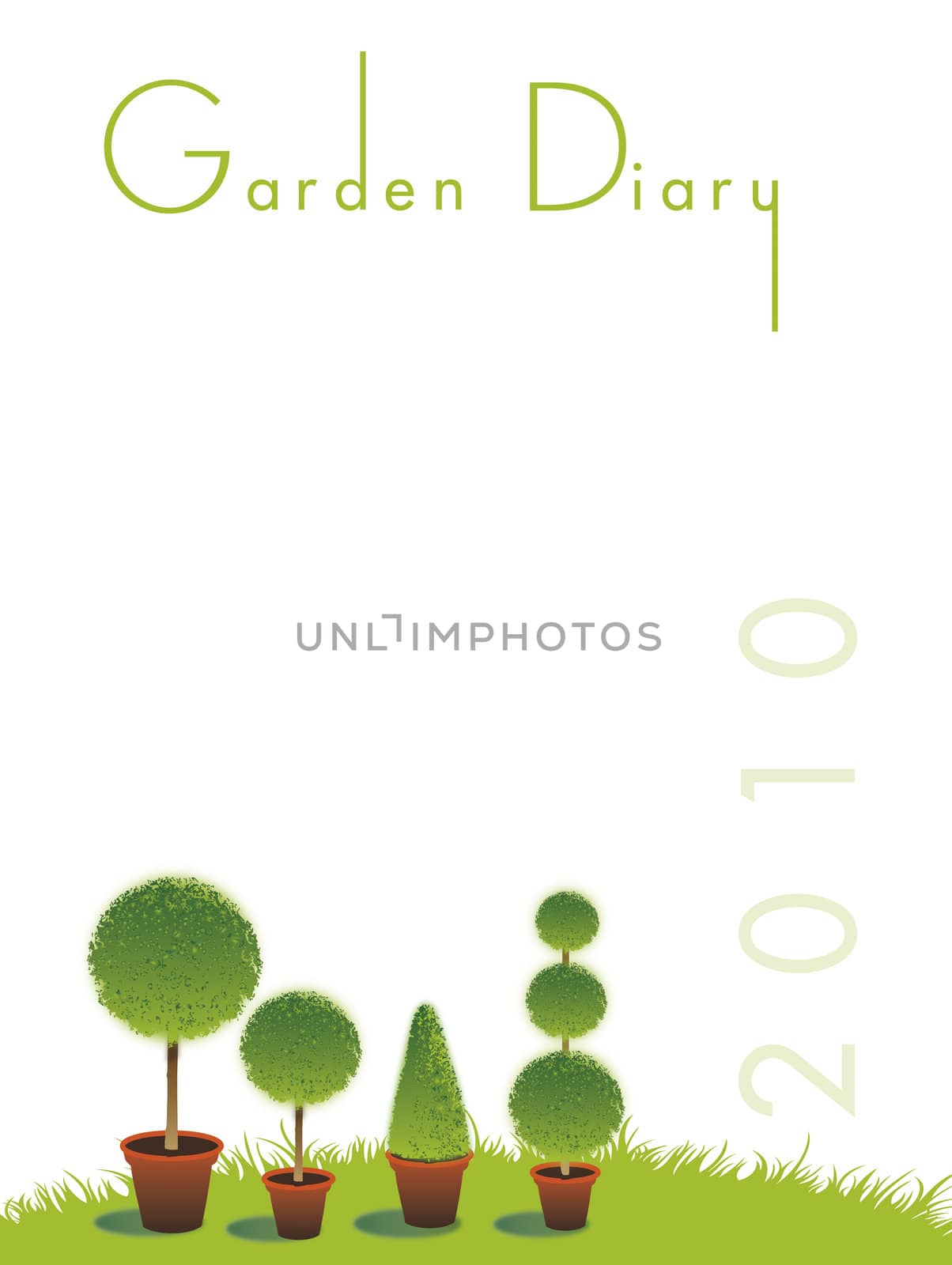 A portrait format image of topiary bushes set on a green grass background on an isolated white backdrop. Text to top spelling the words Gardening Diary, 2010. Room for additional copy.