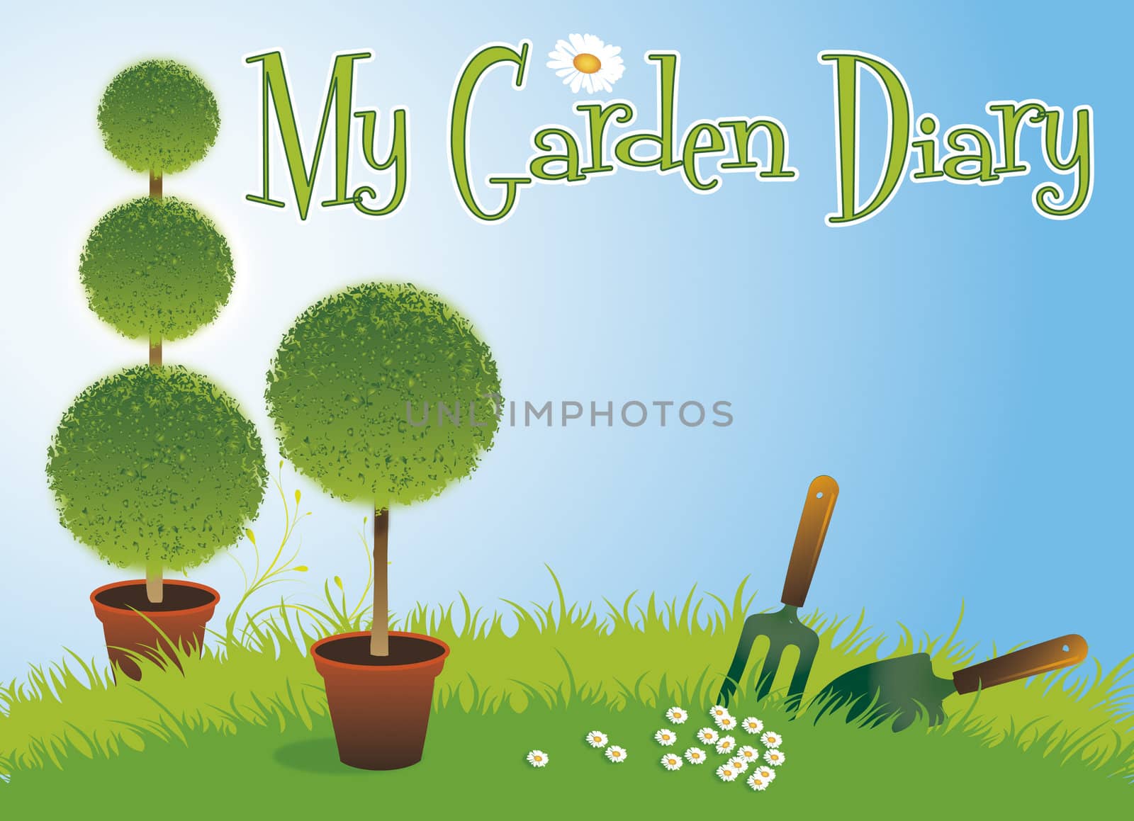 A landscape format image of two potted topiary bushes set on a green grassed background with a small garden fork and spade and daisys on a blue sky background. Set with text spelling the words My Garden Diary. Room for additional copy.