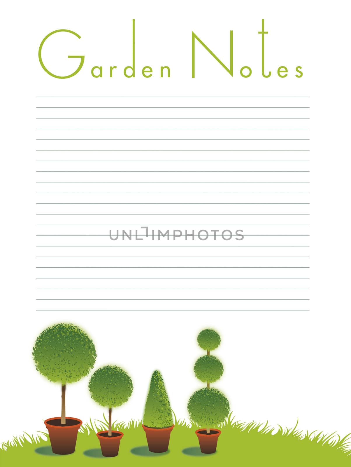 A portrait format image of topiary bushes set on a green grass background on an isolated white backdrop. Text to top spelling the words Garden Notes. Room for additional copy.