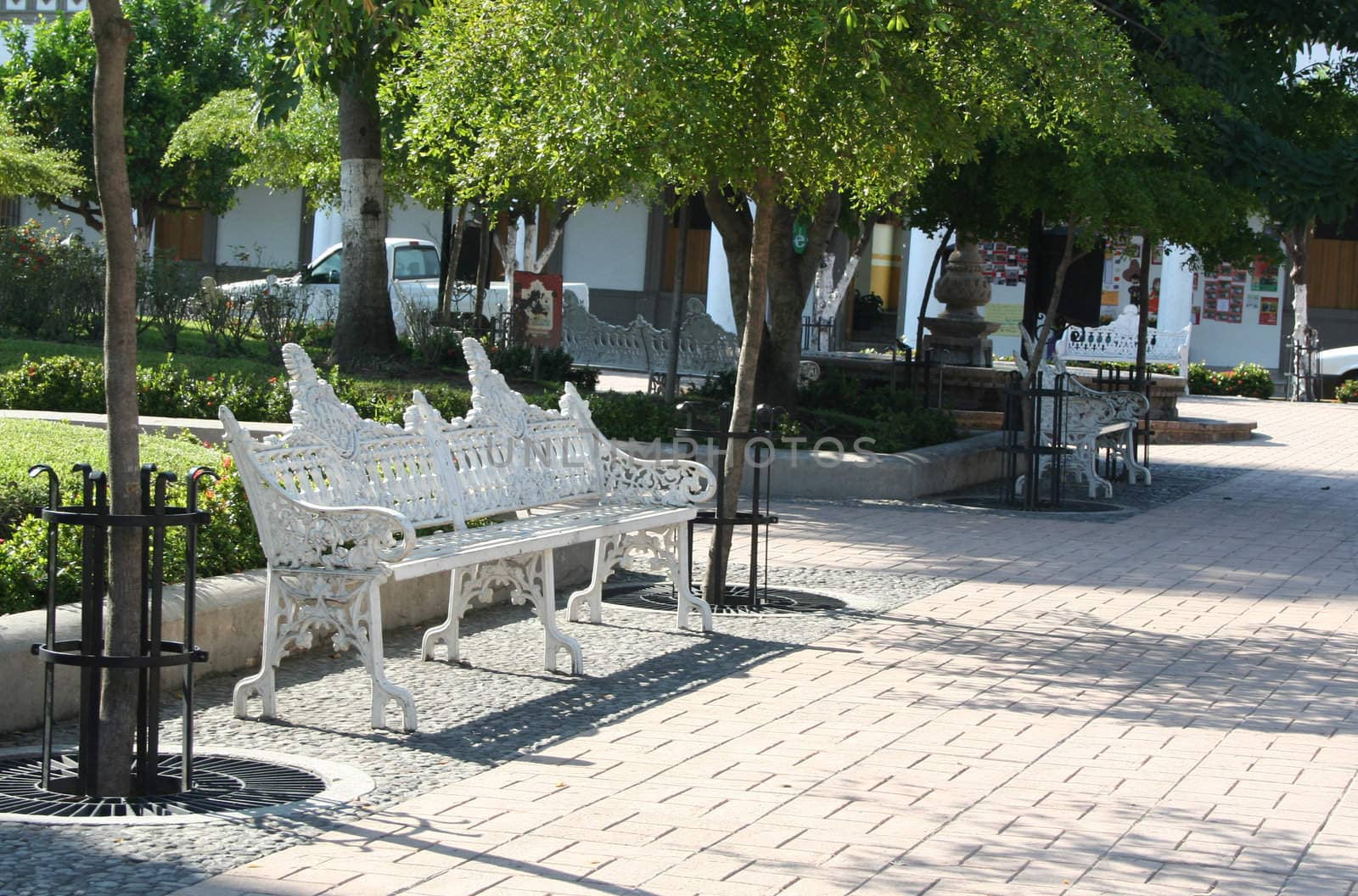 Park bench in square in mexico