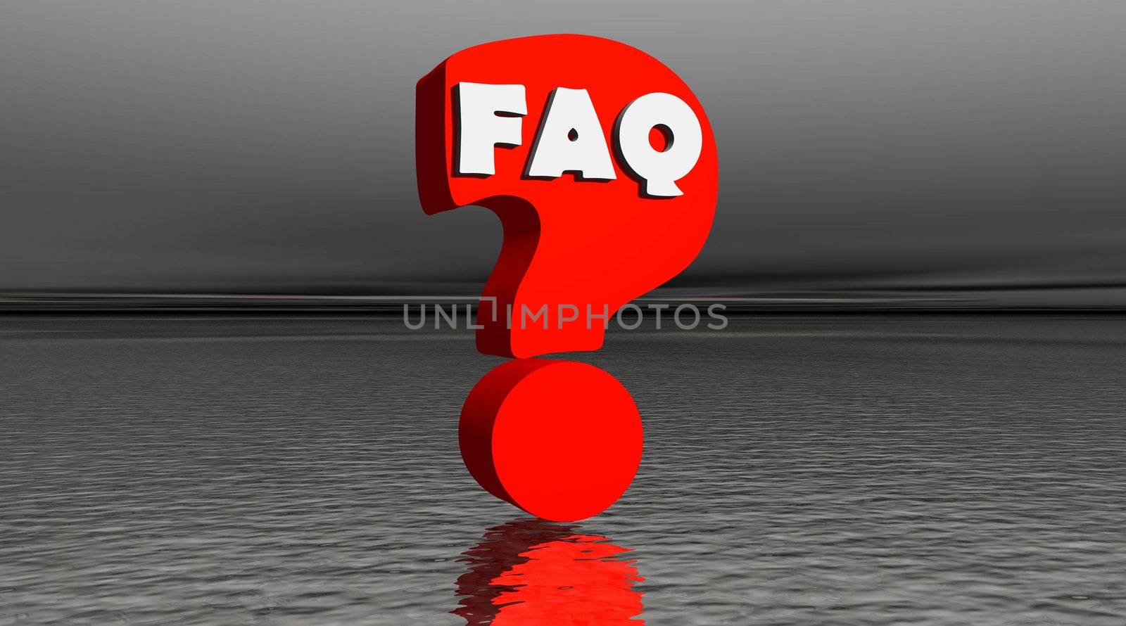 Red question mark with FAQ written inside and grey background with little reflection of the question mark in the ocean
