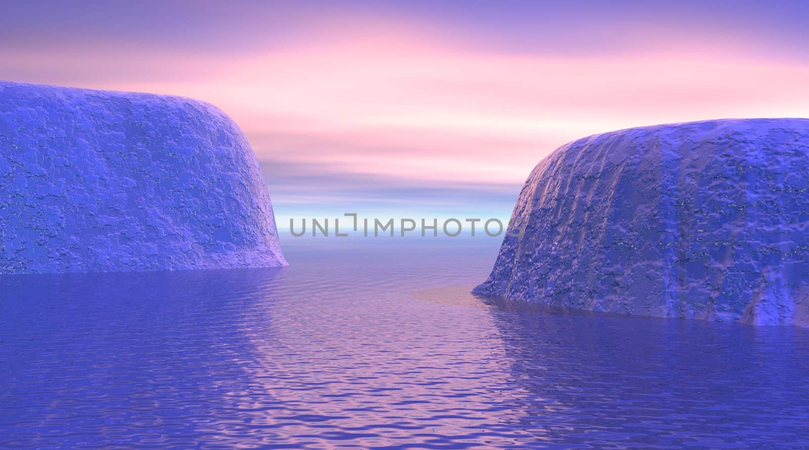 Two icebergs in front of of the other and reflecting in the ocean by sunrise cloudy sky light