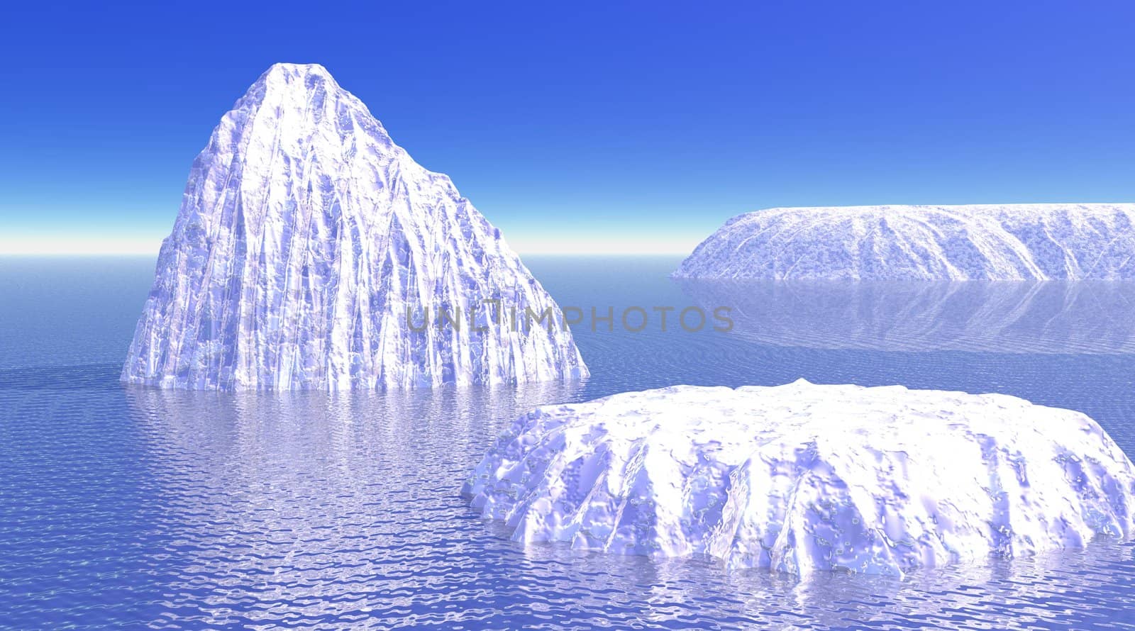 Three icebergs reflecting in the ocean by a blue day