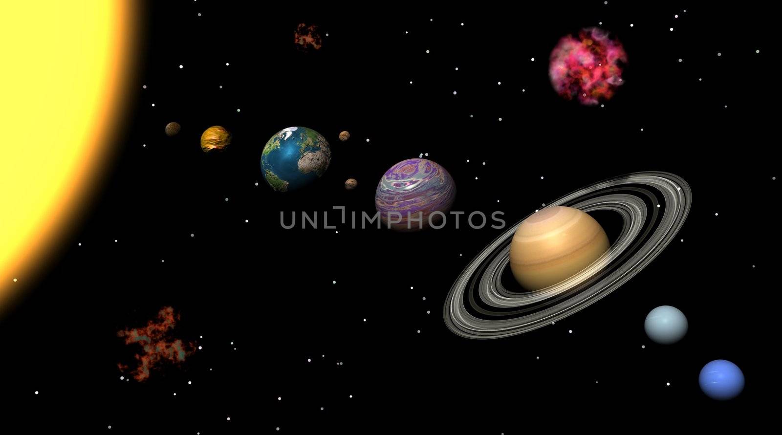 Solar system with all the different size planets and with three nebulas around by night