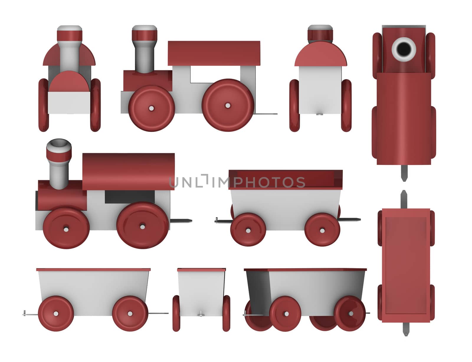 Customizable set. Locomotive and carriages in various perspectives. Create your own toy train!

