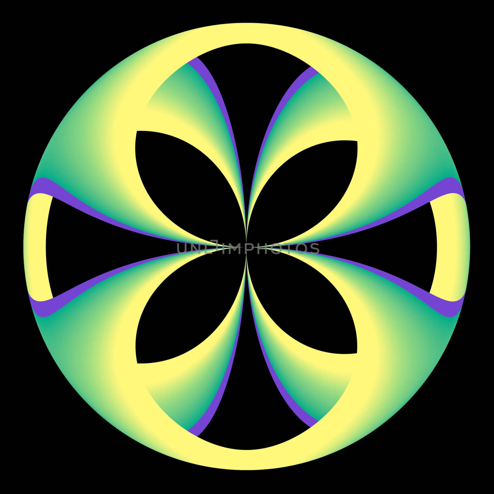 An abstract circular fractal done is shades of yellow, green, and purple.