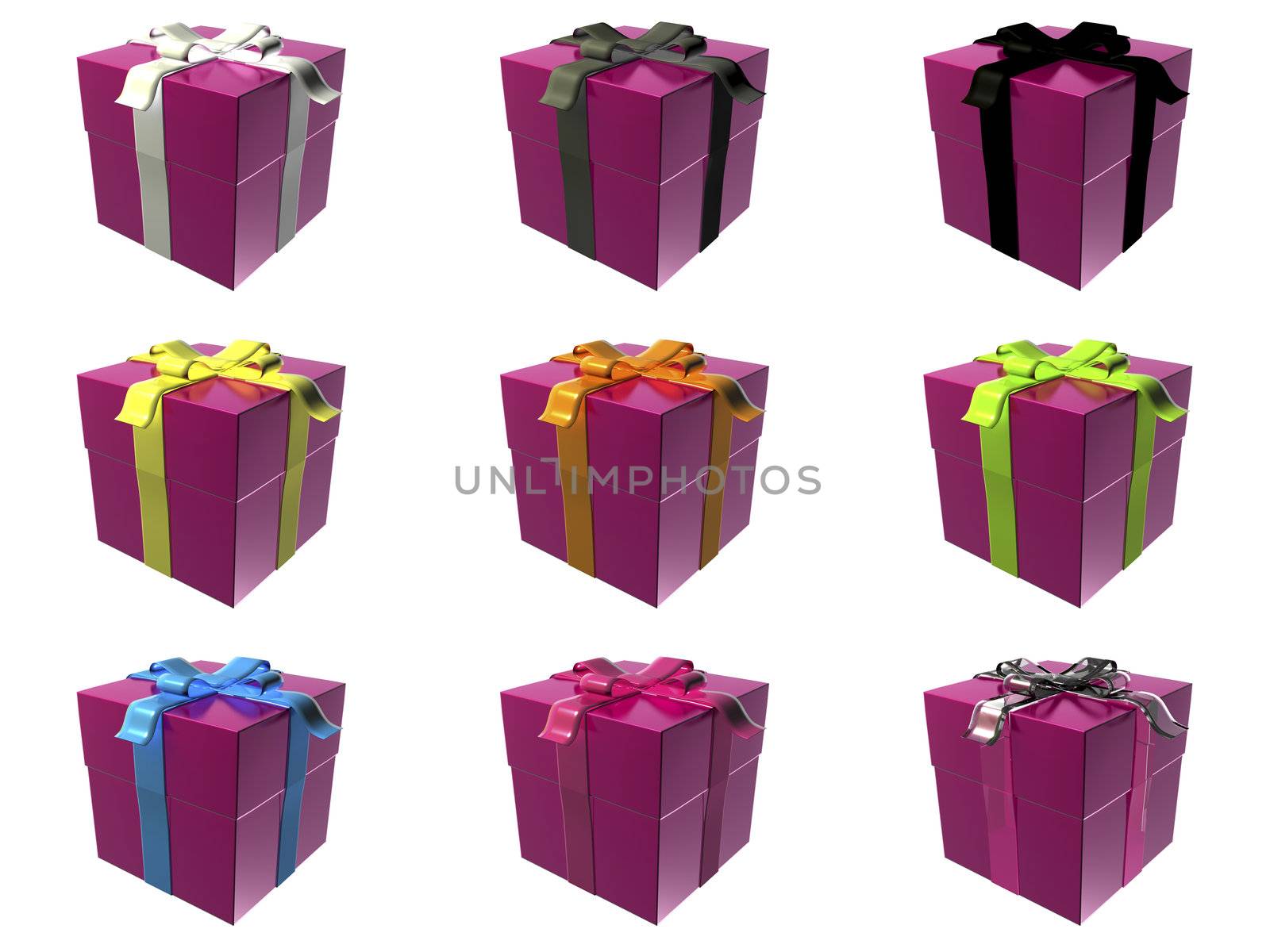 9 pink gift boxes with different ribbon colors