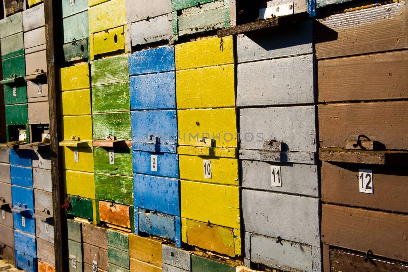 Beehives waiting for the warmer weather when bees will start flying around.