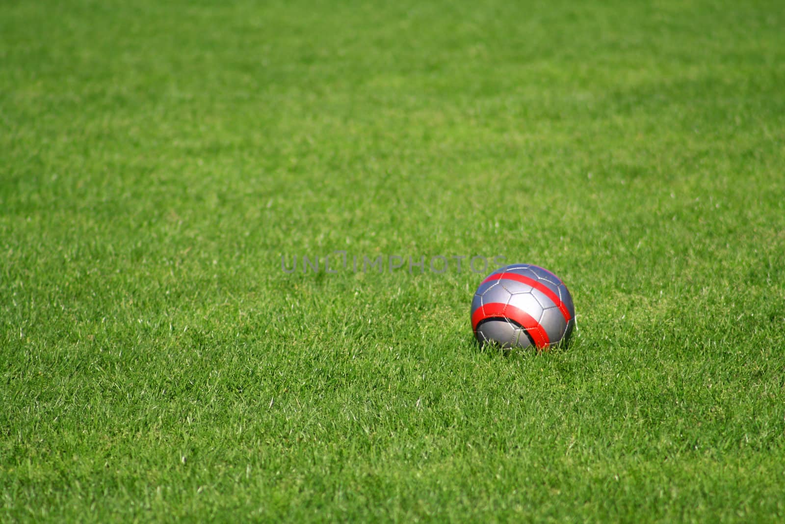 Ball waiting all alone on the field to be seen and played with.