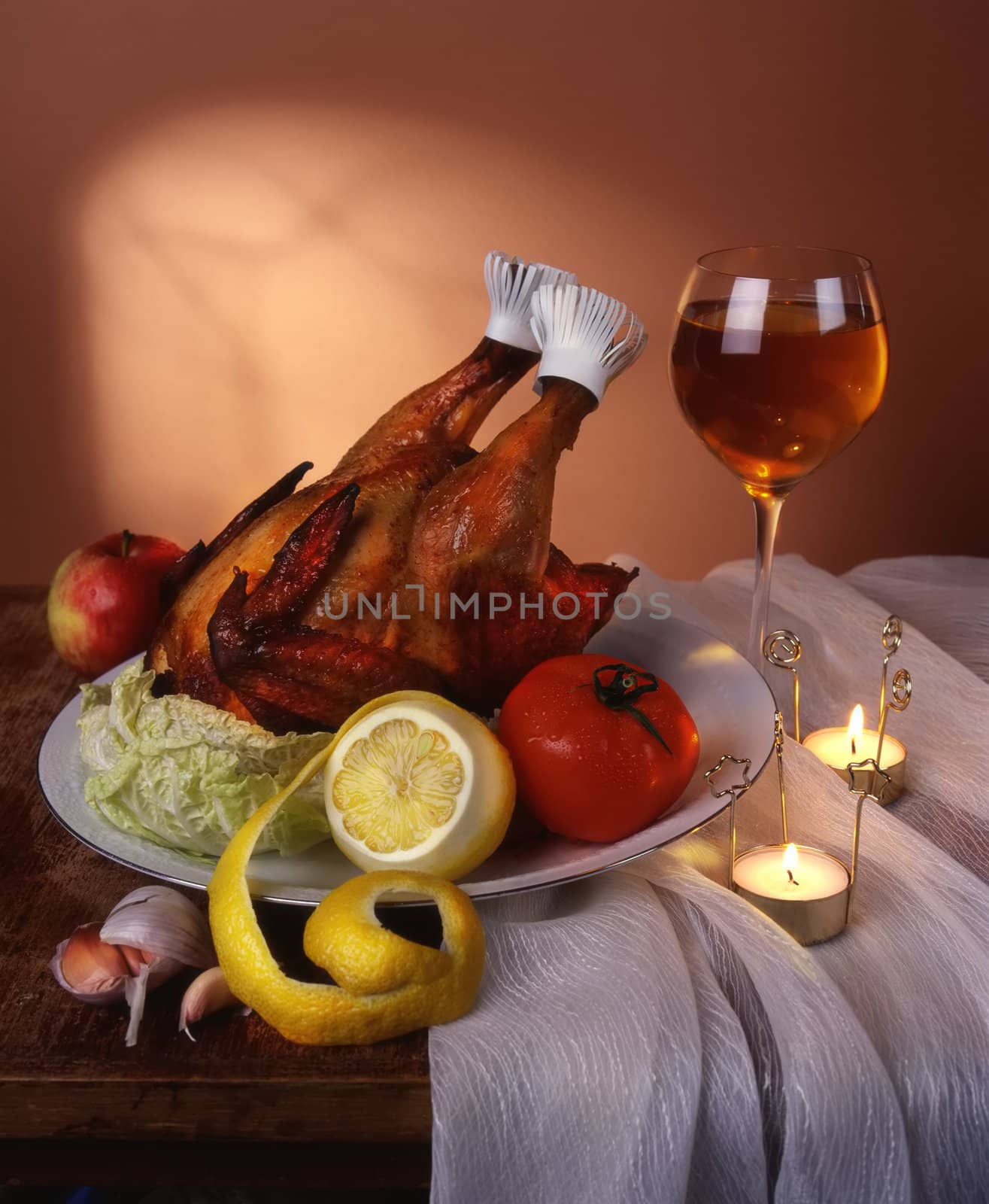 chicken, fruits, goblet with wine and candle, Still-life