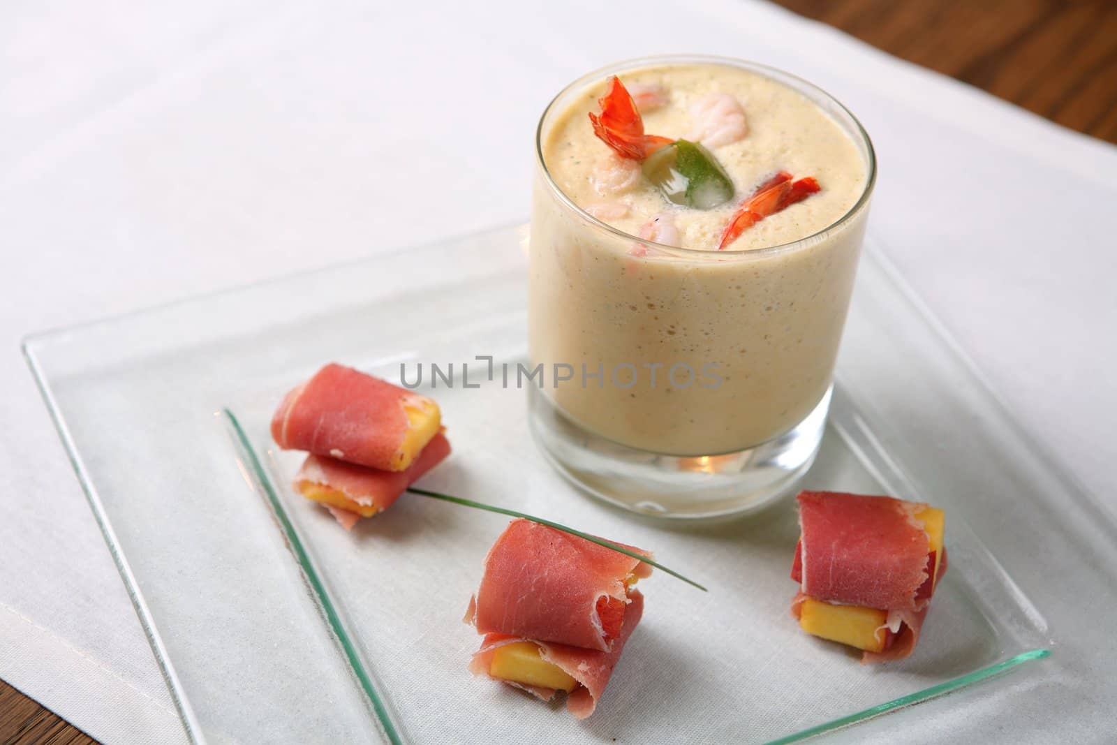 Food, Soup-cream with Prawn and Meat with Peach, Meal