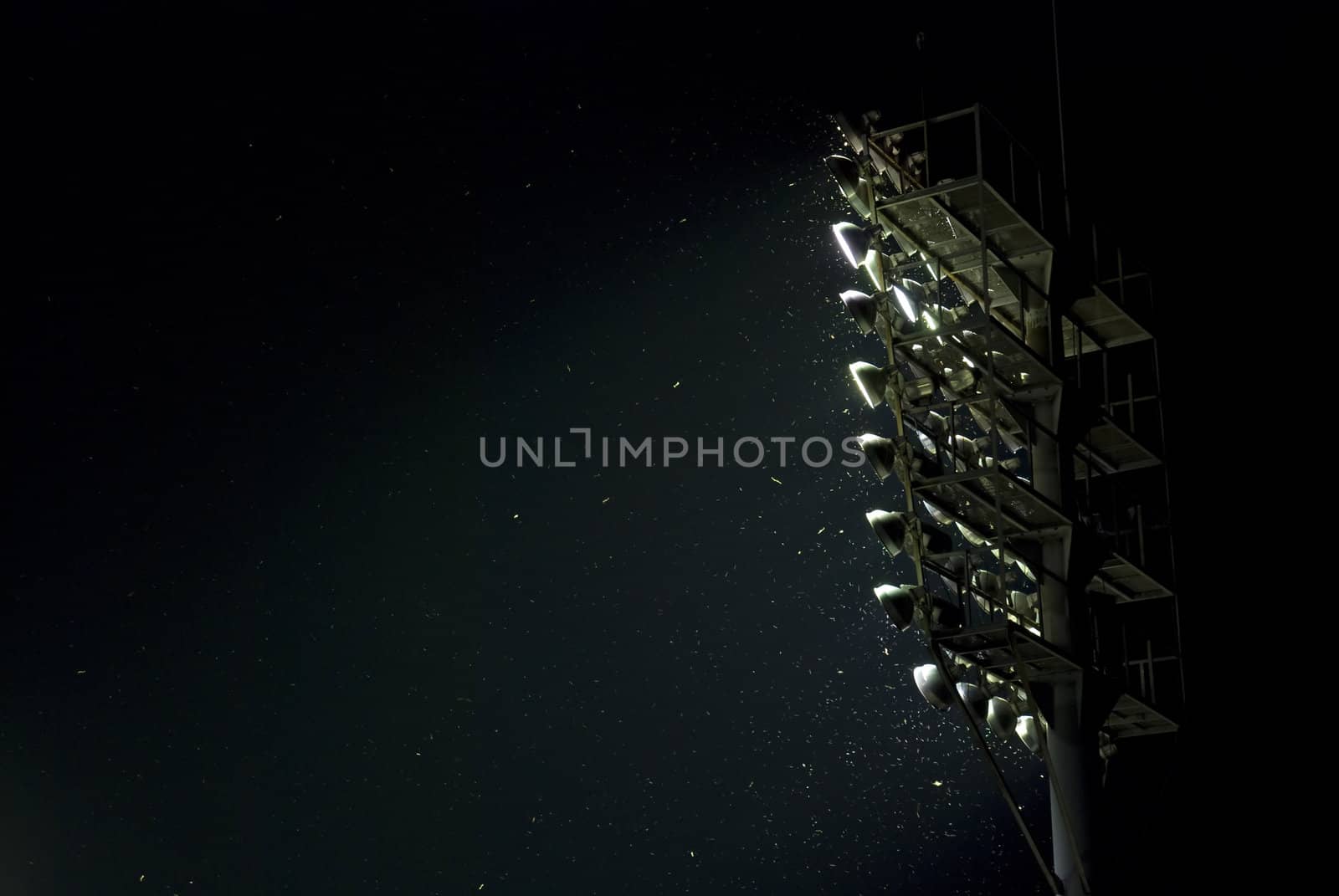 Stadium reflector with bugs flying about. Night shot.