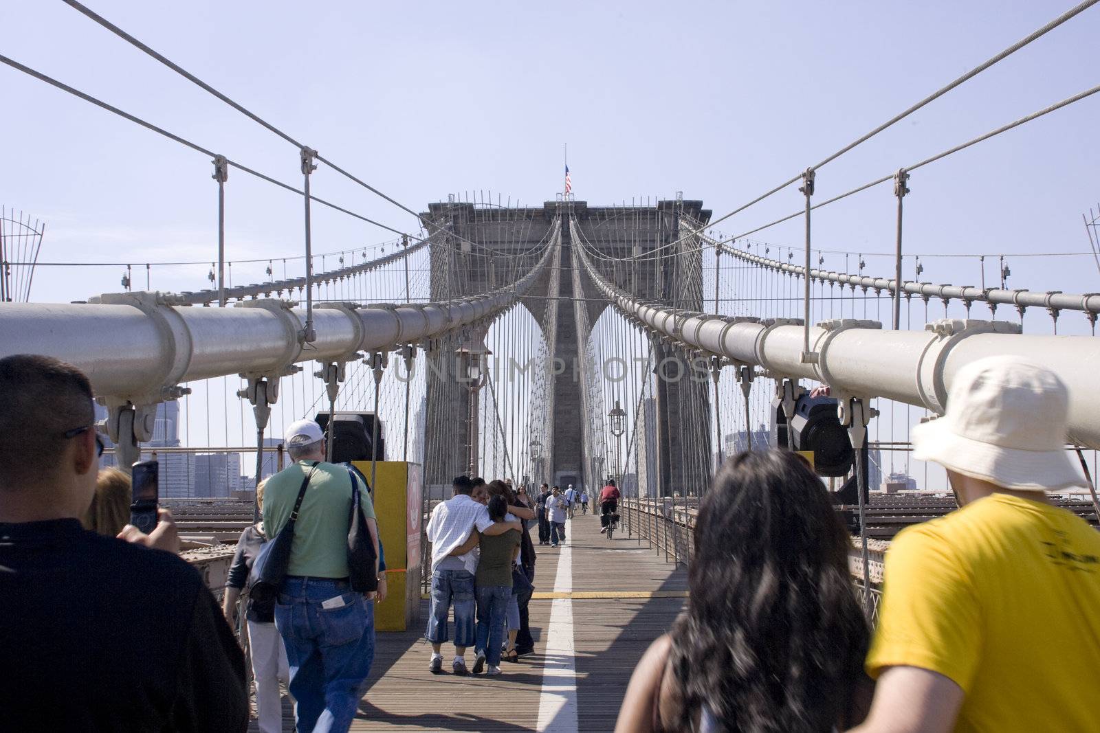 Approaching the top of the Brooklyn Bridge on Memorial Day 2008.