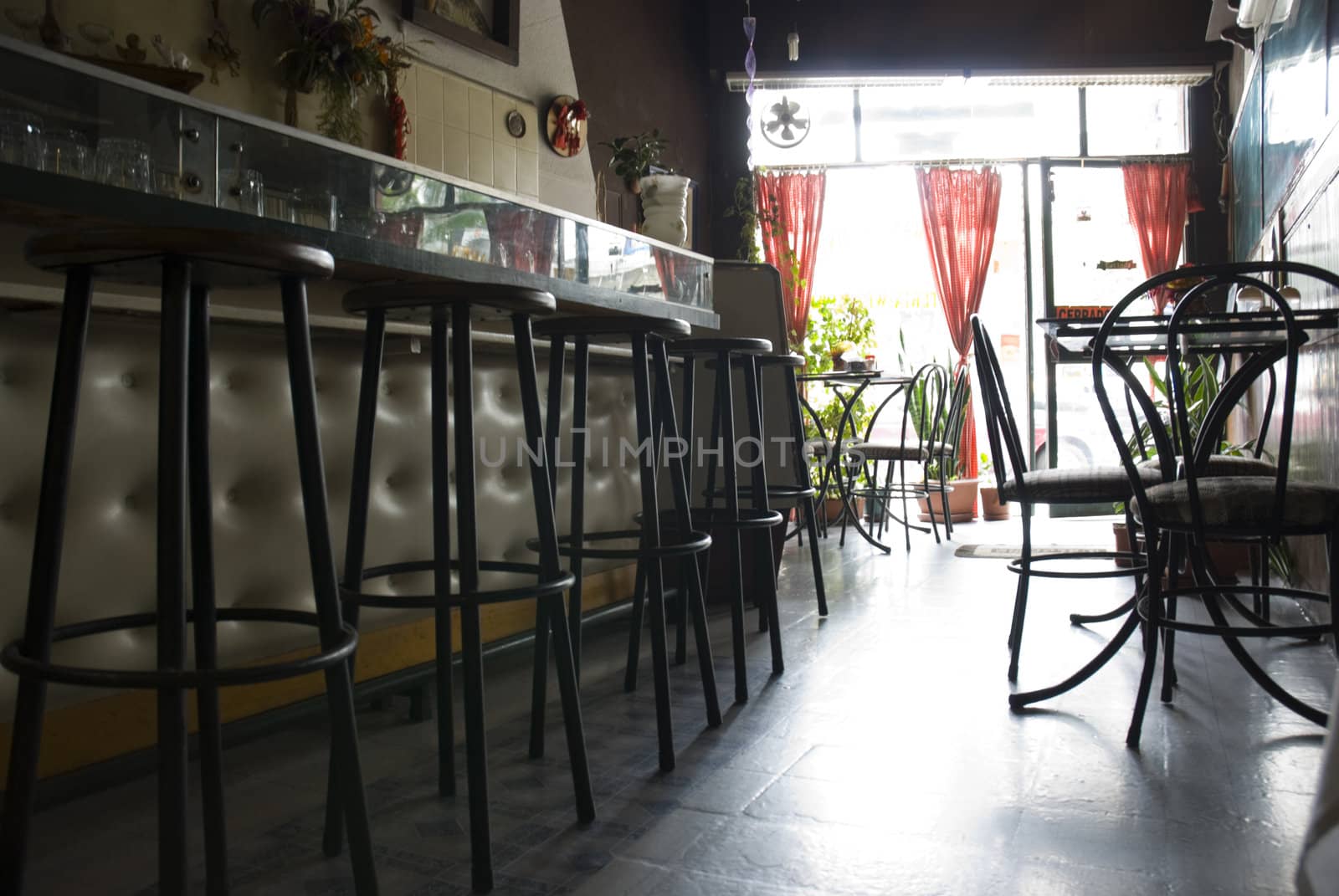 Low angle shot of a closed coffee shop, in perspective