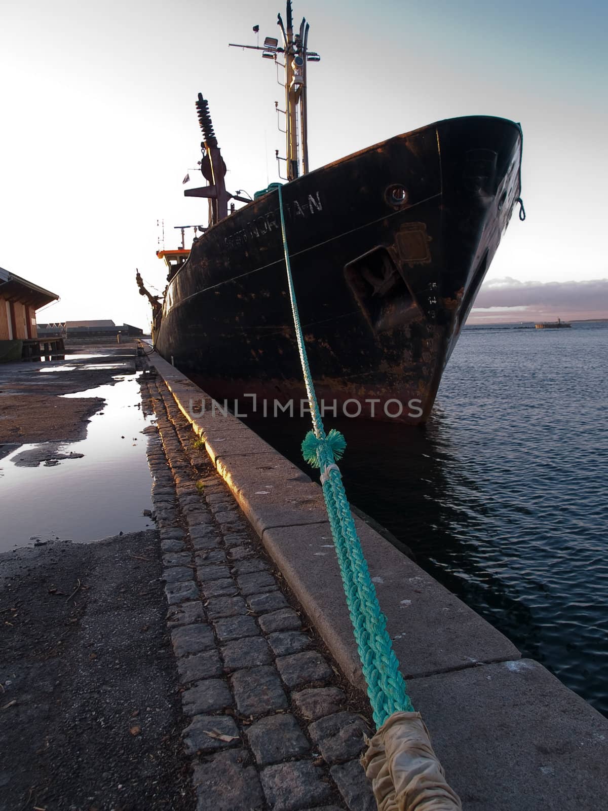 Commercial Cargo boat moored to a dock in a port vertical