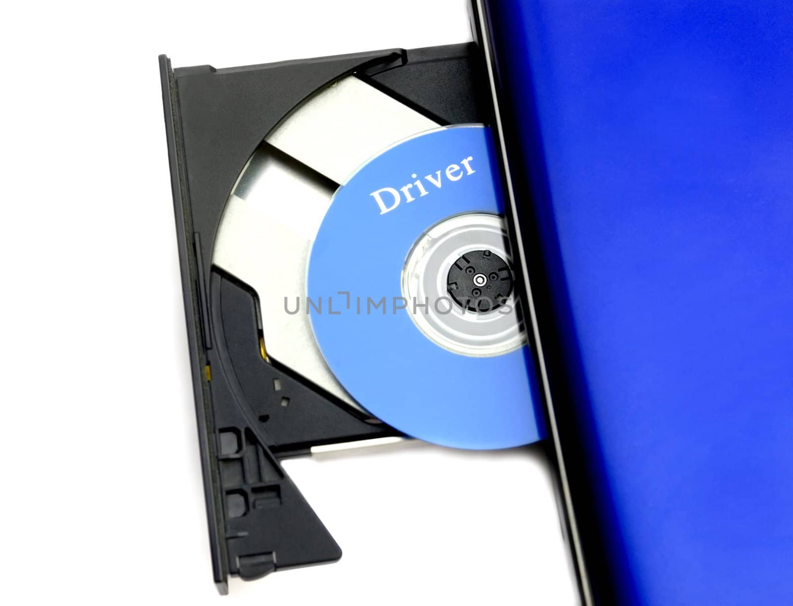 laptop with open CD holder , isolated on white background