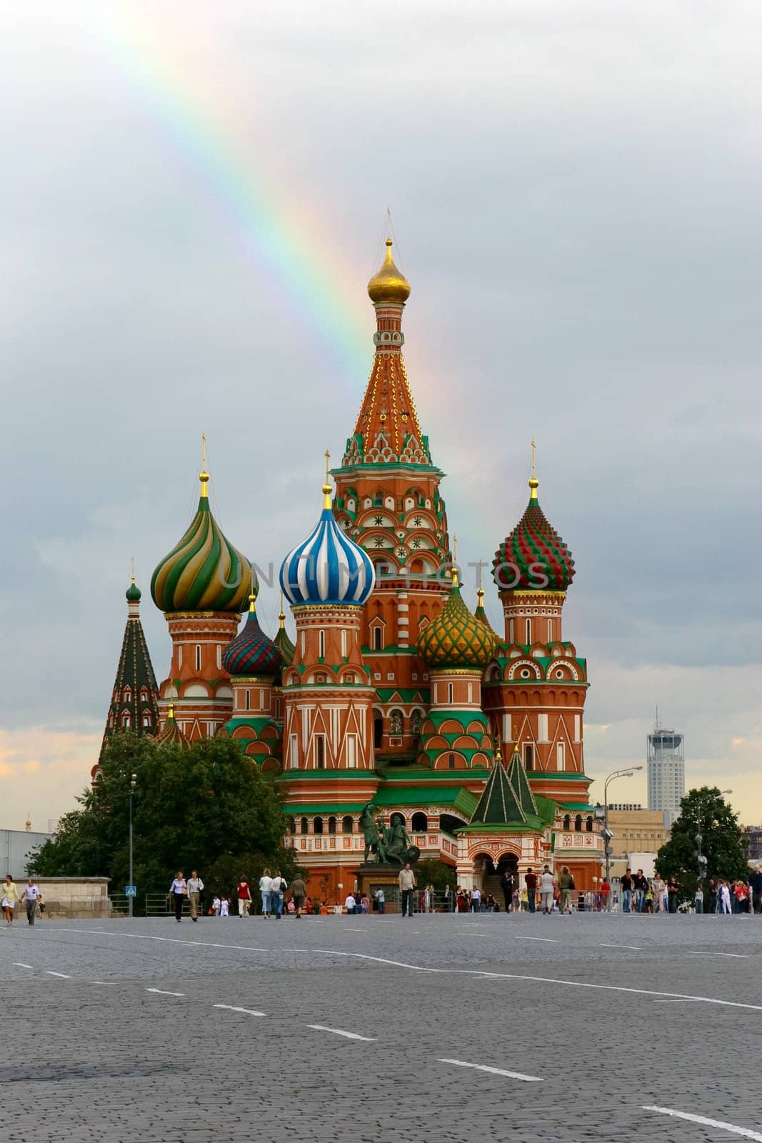 of Saint Basil`s Cathedral And rainbow