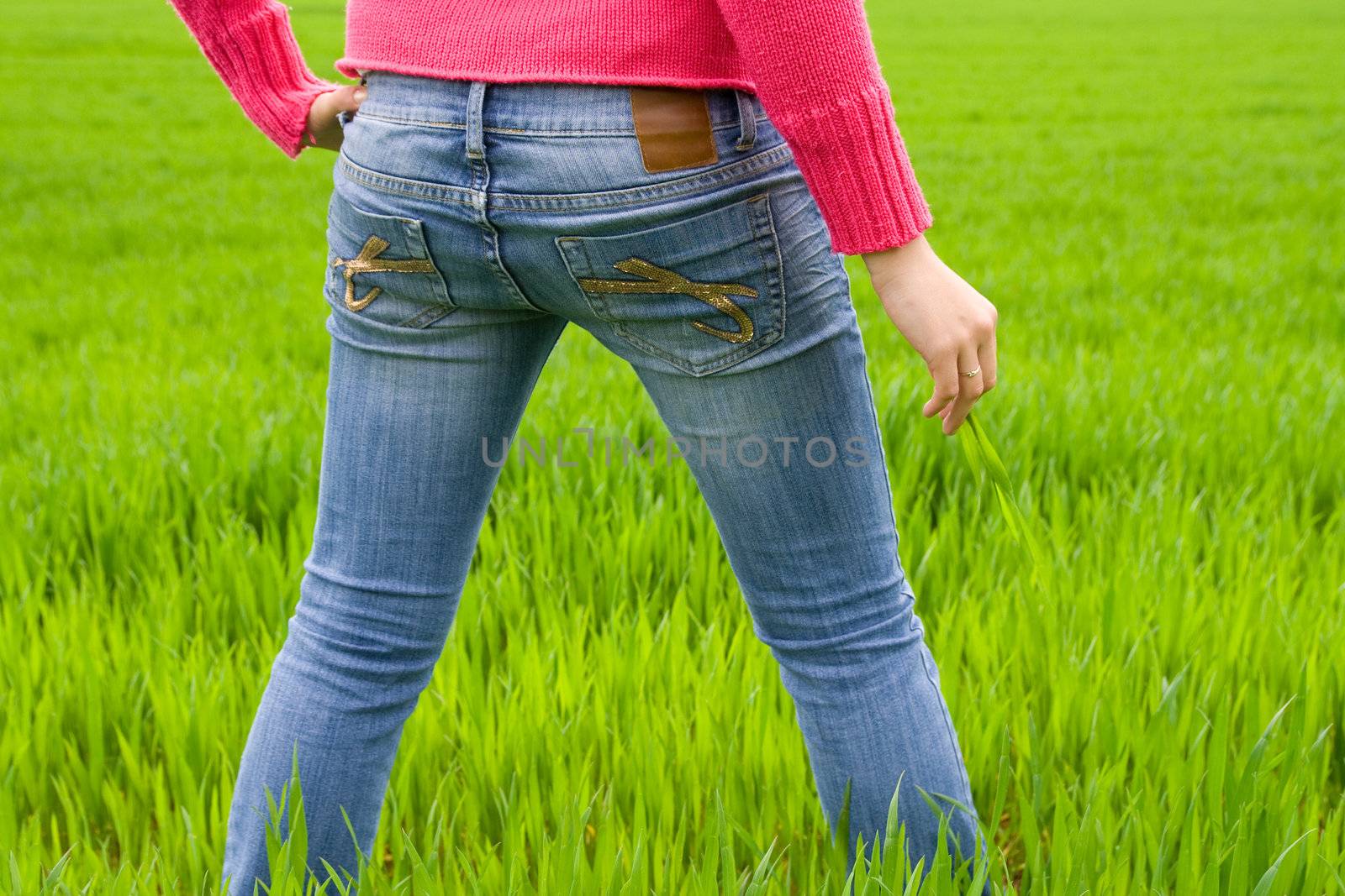 Woman from behind standing in grass, holding it. Copy space. Horizontal.