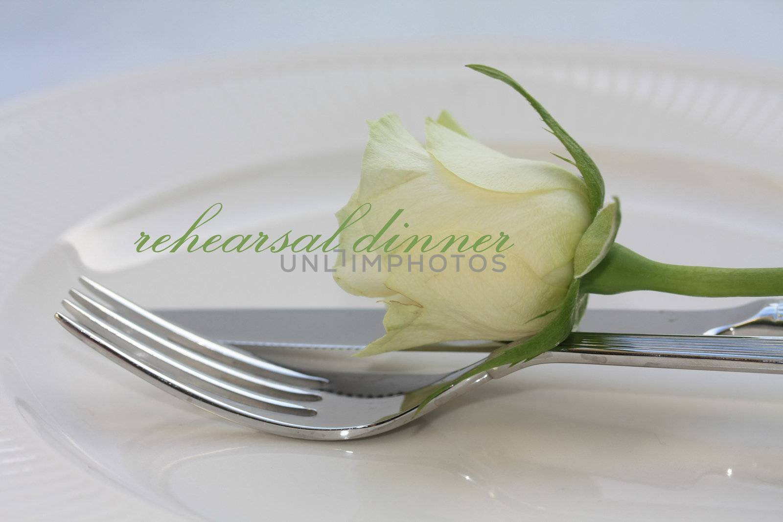 A fork and knife and a white rose, perfect for a dinner invitation