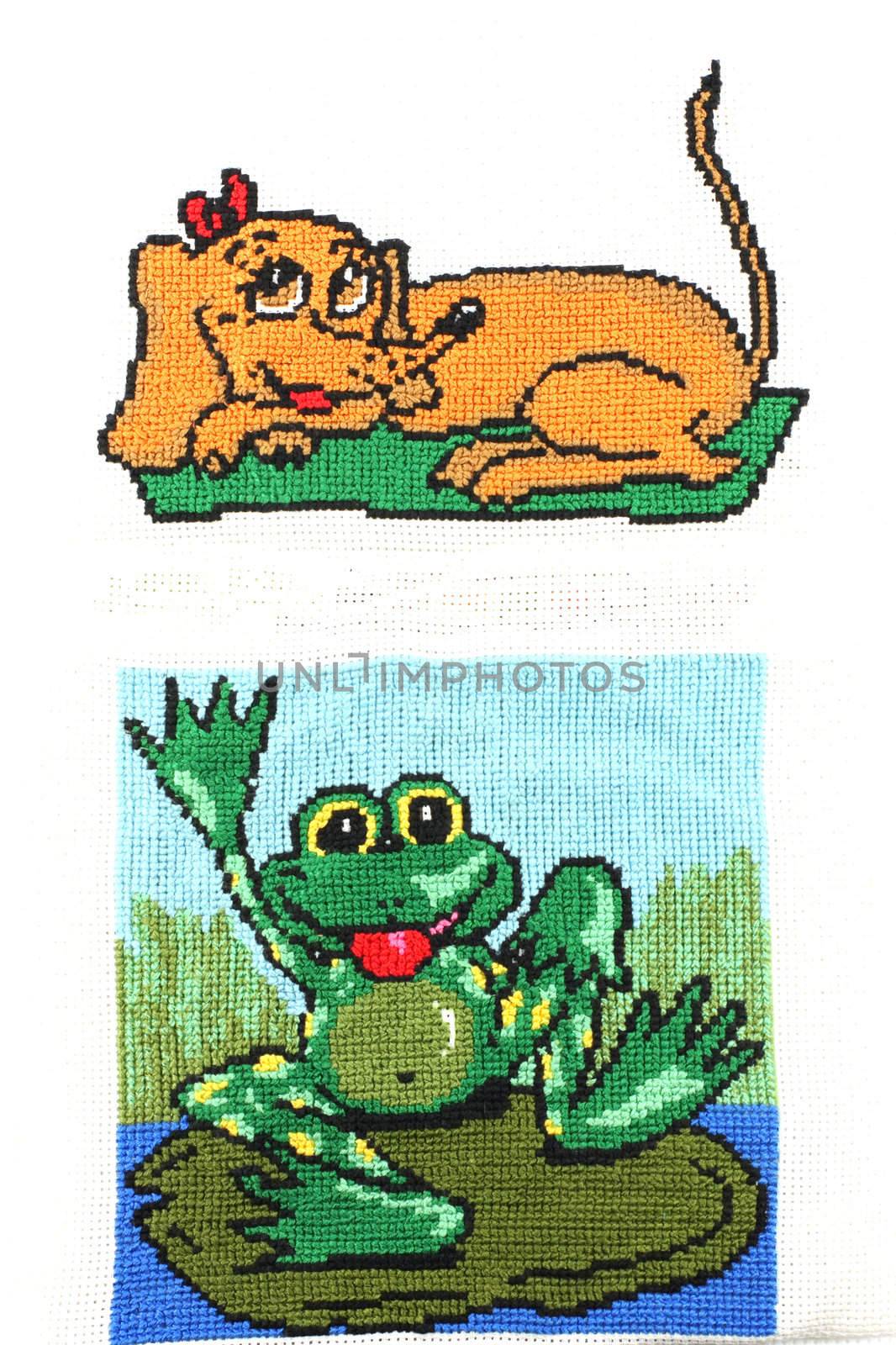 embroidery, a dog, a frog, a fabric, threads, a hobby, leisure 