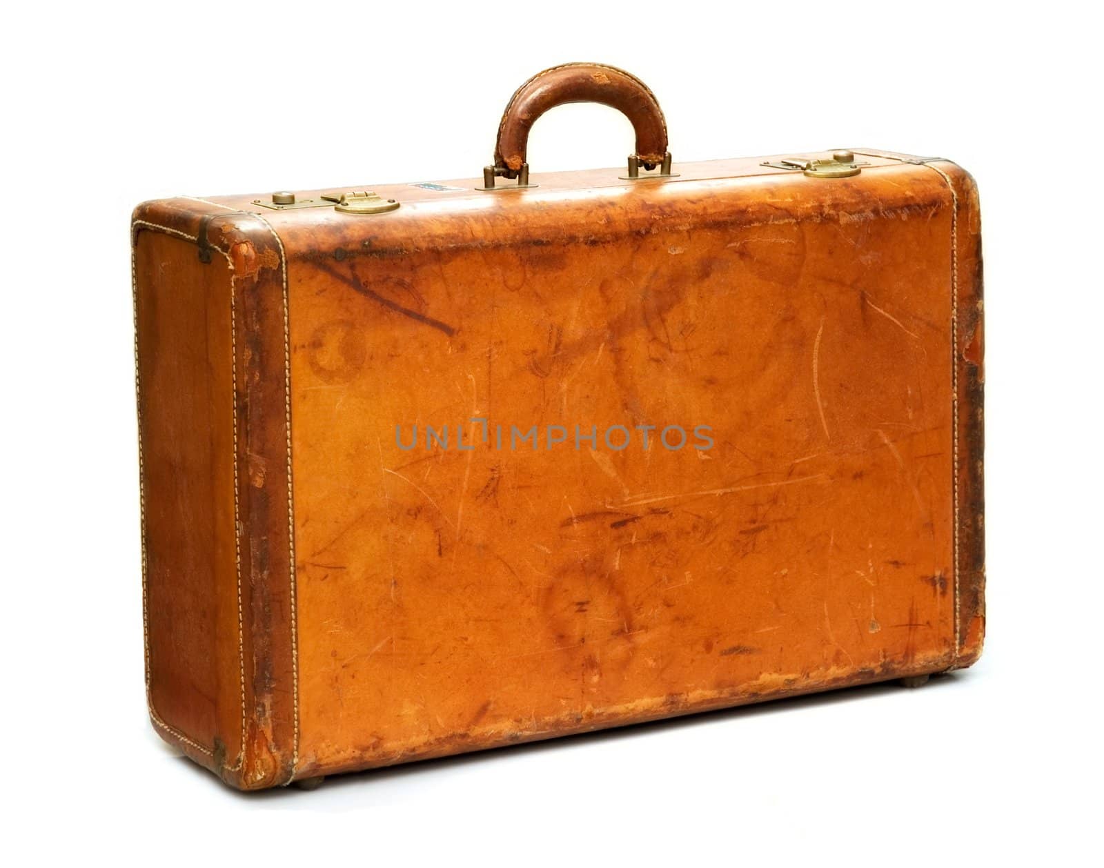 Well-traveled vintage suitcase isolated on white