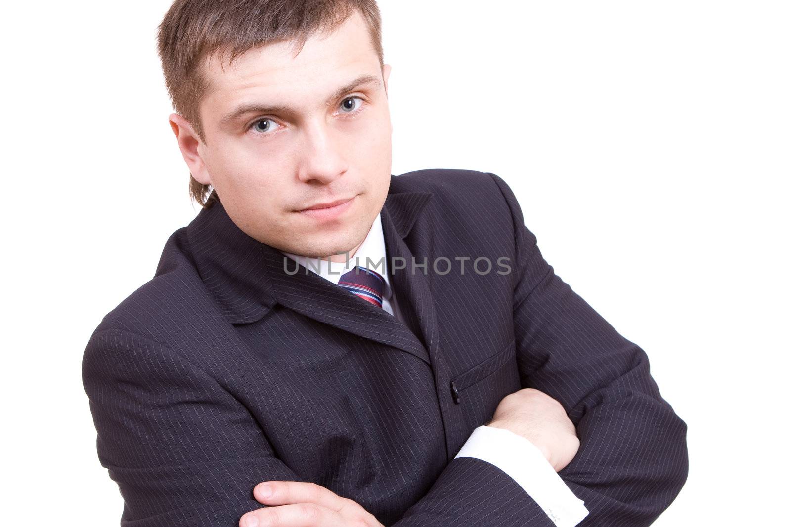 a strong business man looking, and cross hands on his breast