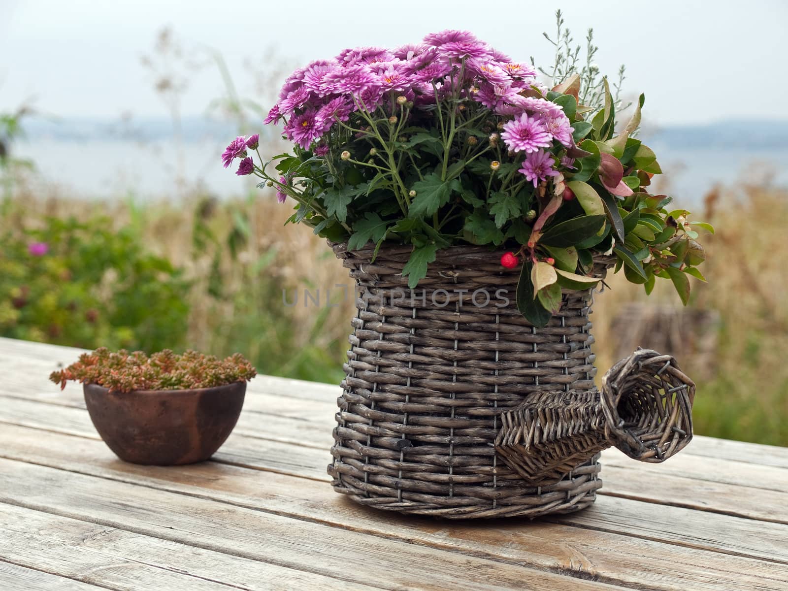 Beautiful still life basket of flowers on a wooden table 